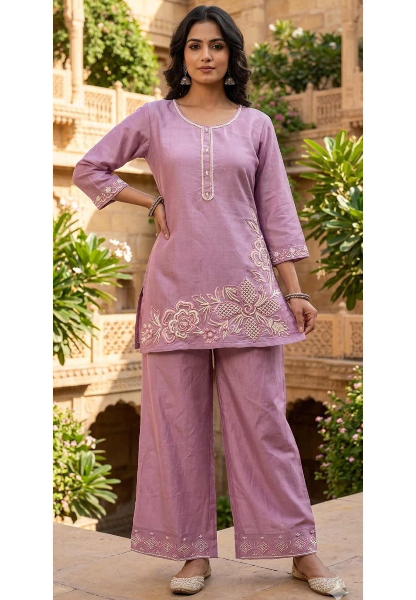 Lavender Grace Floraled Cut-Dana Highlights Embroidered Surat Mul Chanderi Co-Ord Set- 14487 RB283