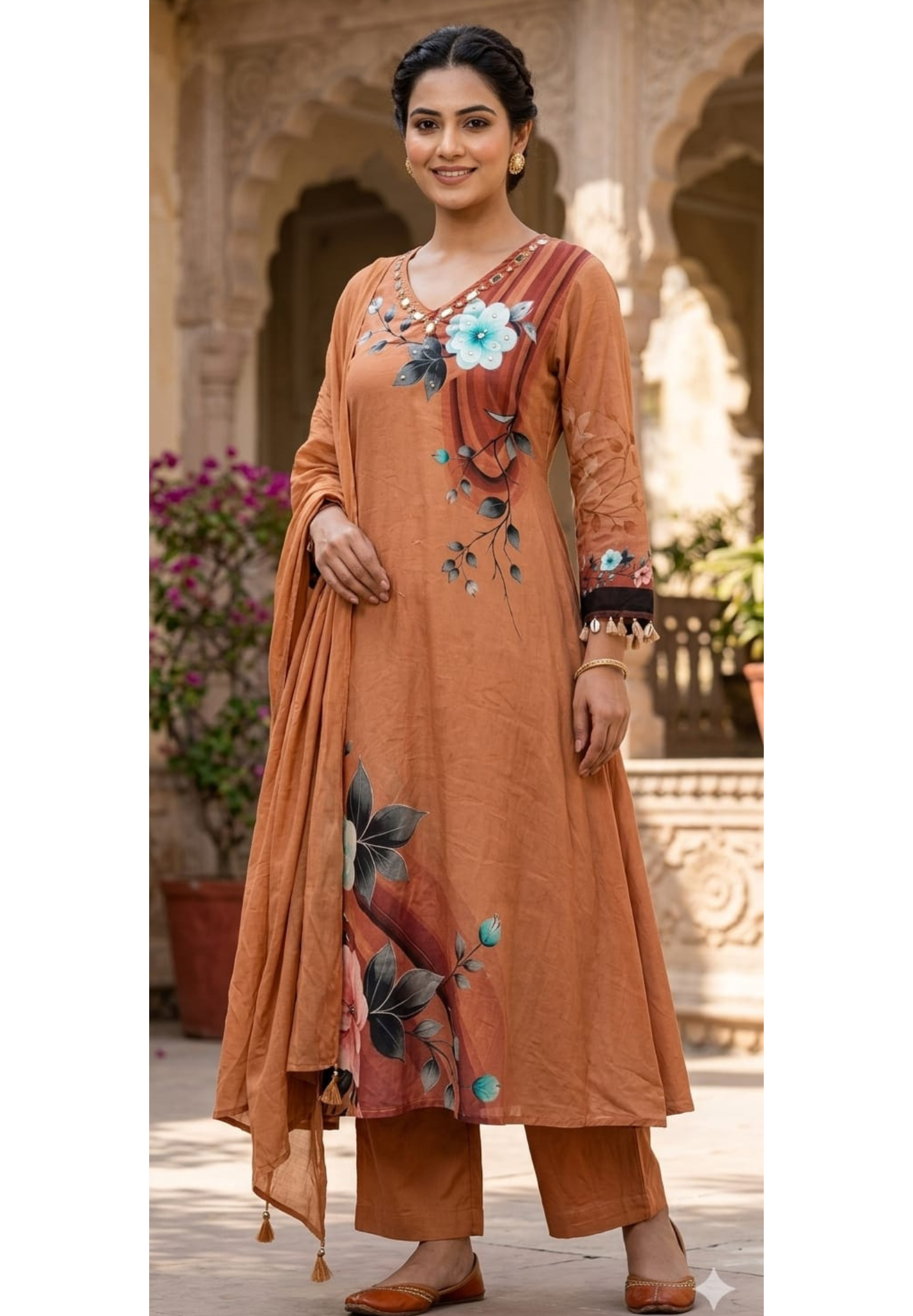 Digital Print Floral Elegance A-Line Linen Full Suit Set With Dupatta- 14445 RB299