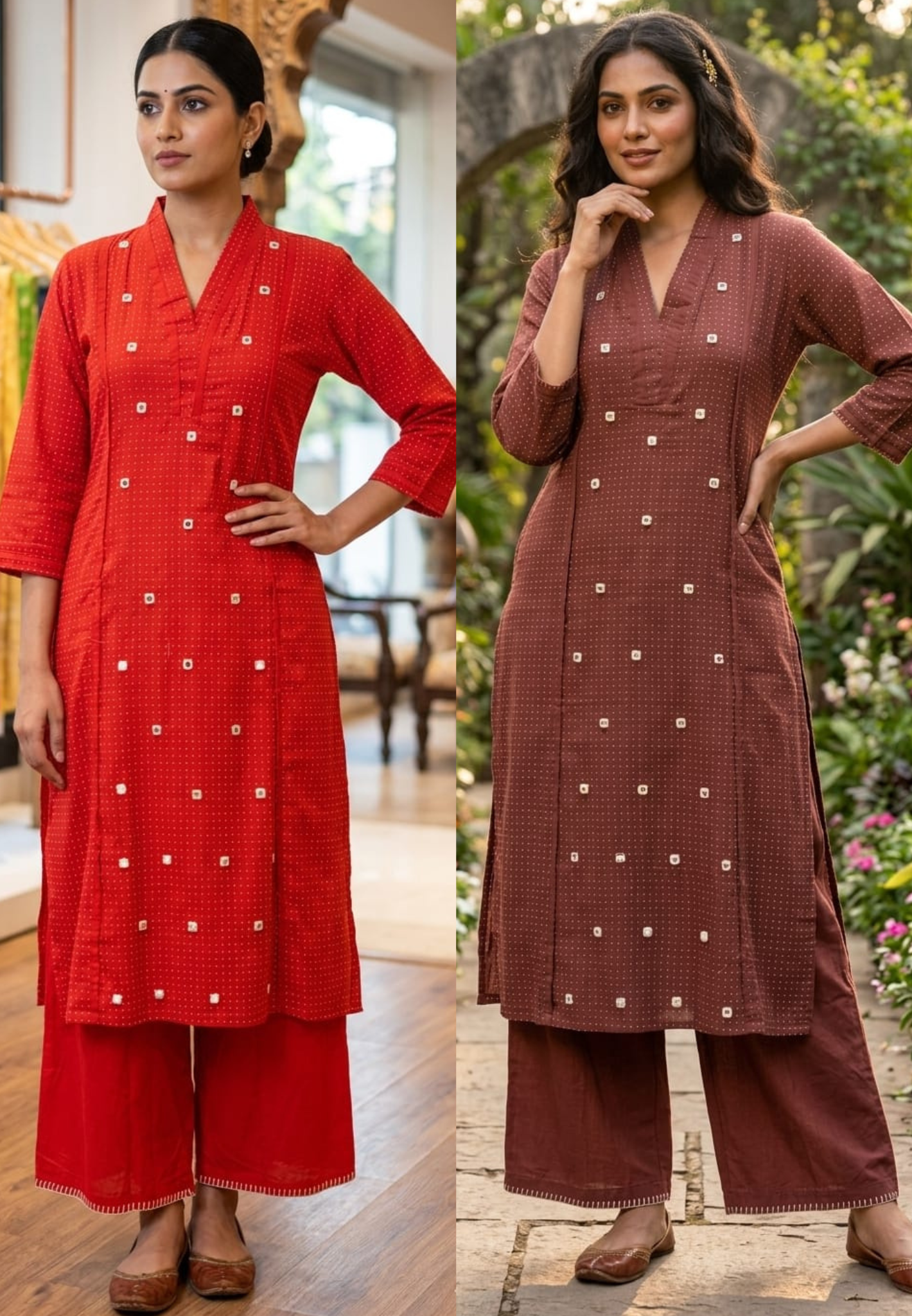 Tiny Polka Dots With Real Mirror Scattered Placement Work A-Line Cotton Kurta Pant Set- 14414 RB291