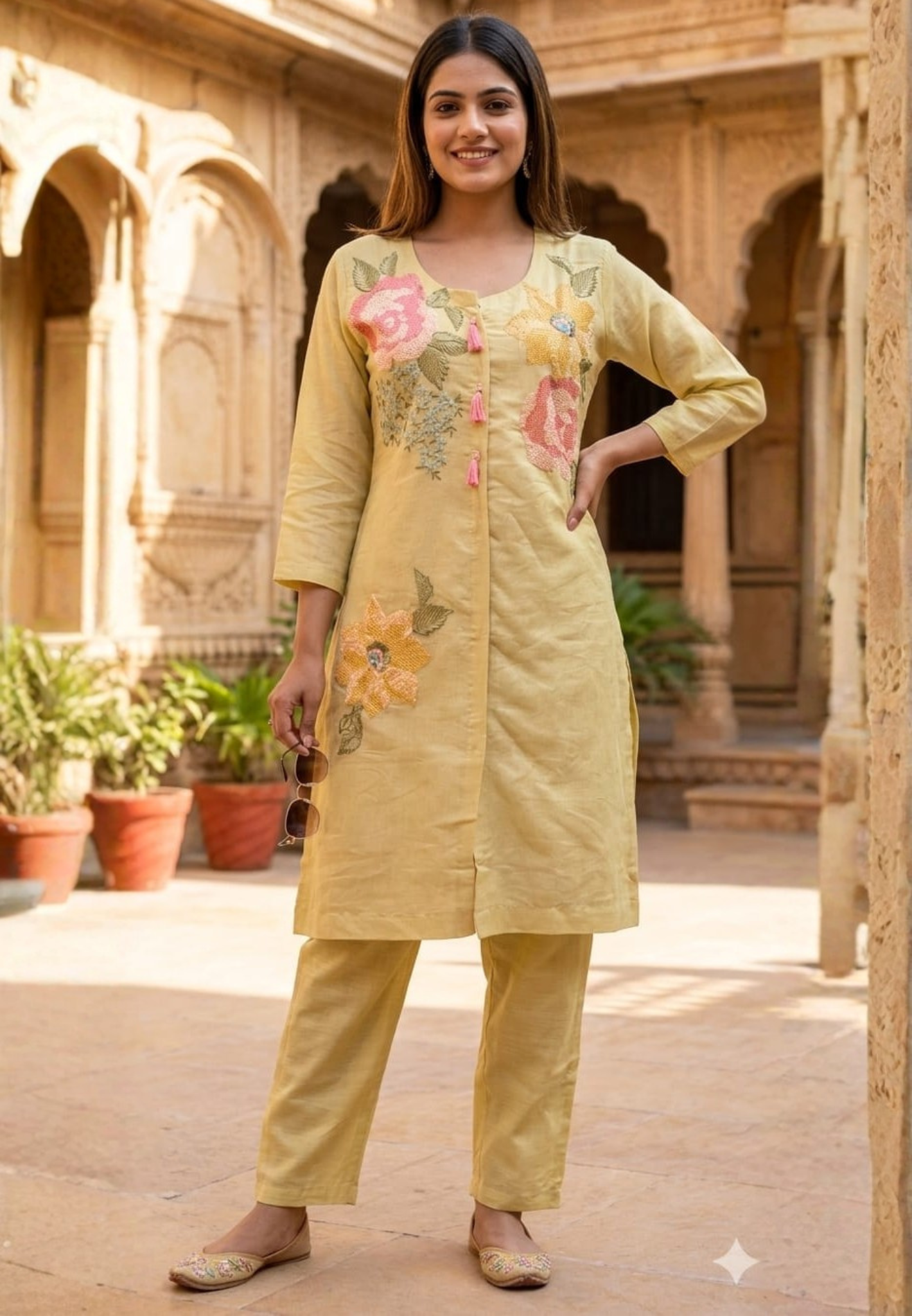 Cross Stitch Floral Embroidered Work Minimal Tassel Accent Surat Mul Chanderi Co-Ord Set- 14493 RB280