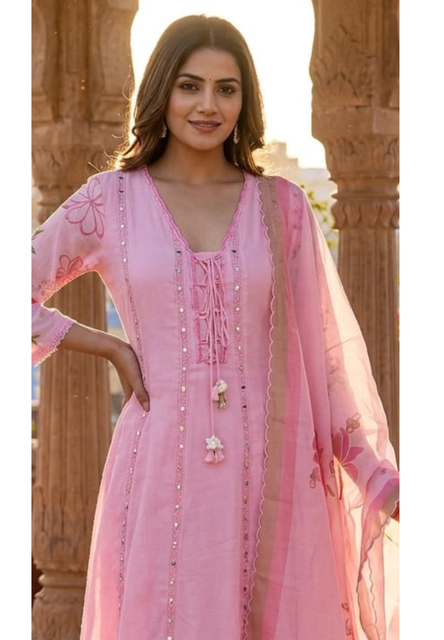 Nord Accent Real Mirror With Thread Upwork Surat Mul Chanderi Panel A-Line Full Suit Set With Dupatta- 14498 RB323