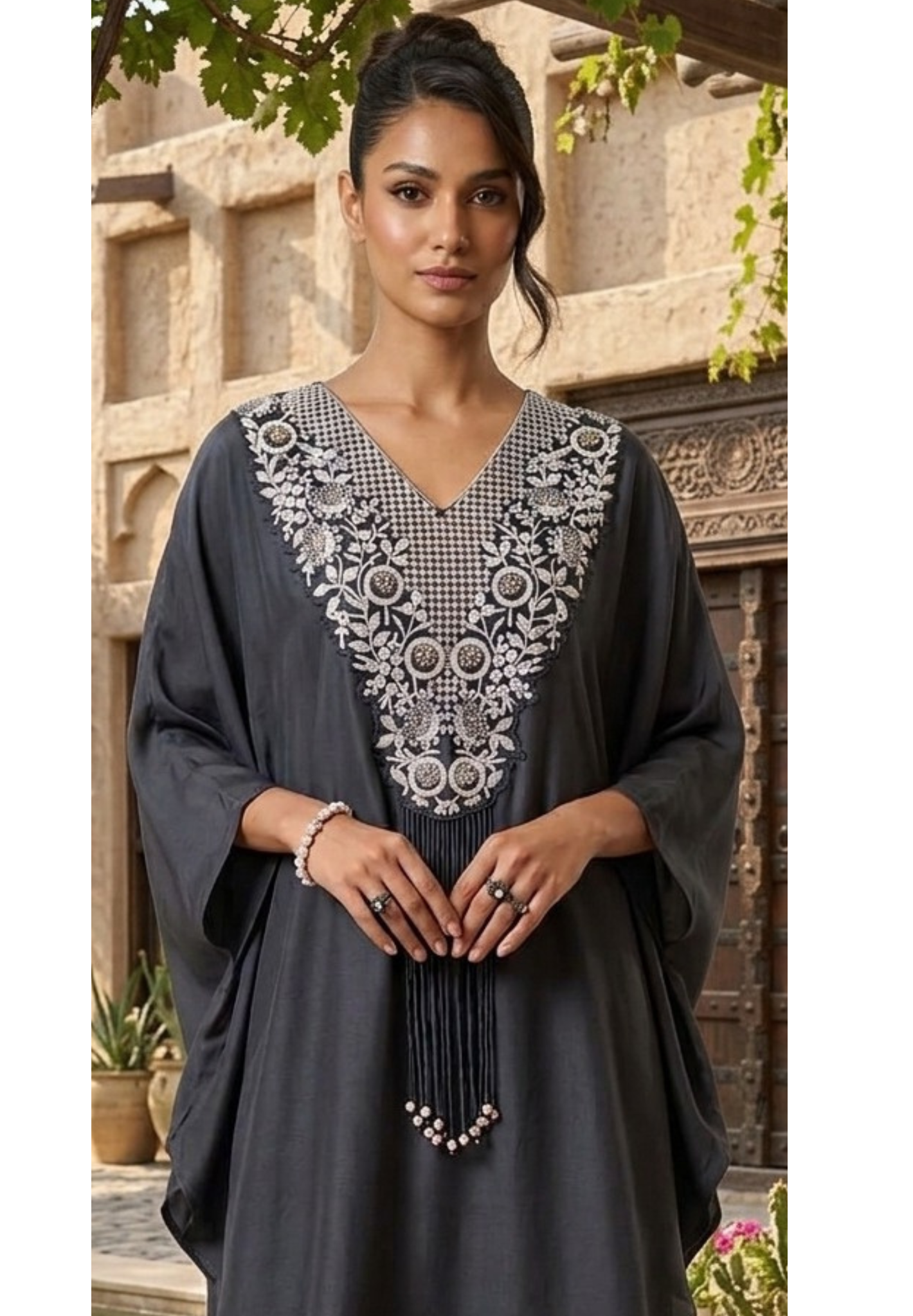 Chic Dark Shaded Embroidered Kaftan Tunic with Beaded Tassels & Bottom- 14518 RB316