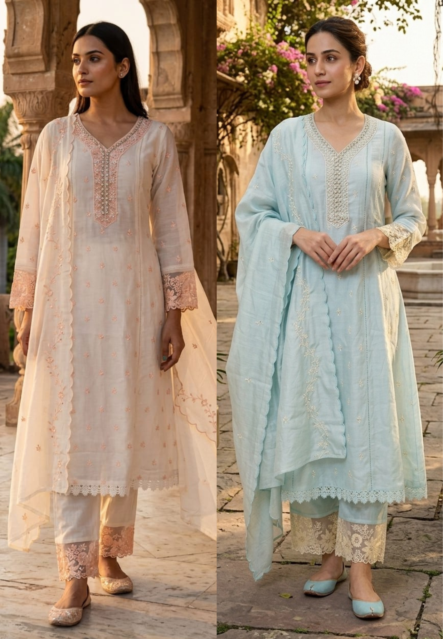 Sequin Floral Touch Neck Line Embroidered Detailing Surat Mul-Chanderi A-Line Full Suit Set With Dupatta- 14497 RB322