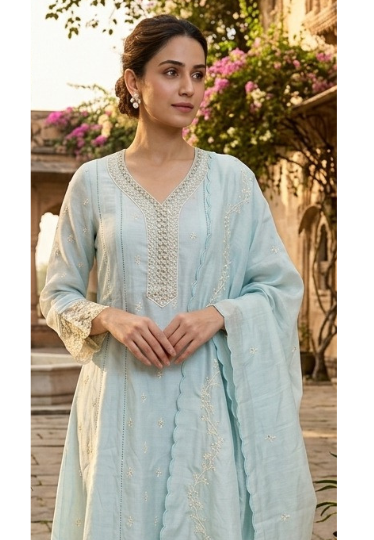 Sequin Floral Touch Neck Line Embroidered Detailing Surat Mul-Chanderi A-Line Full Suit Set With Dupatta- 14497 RB322