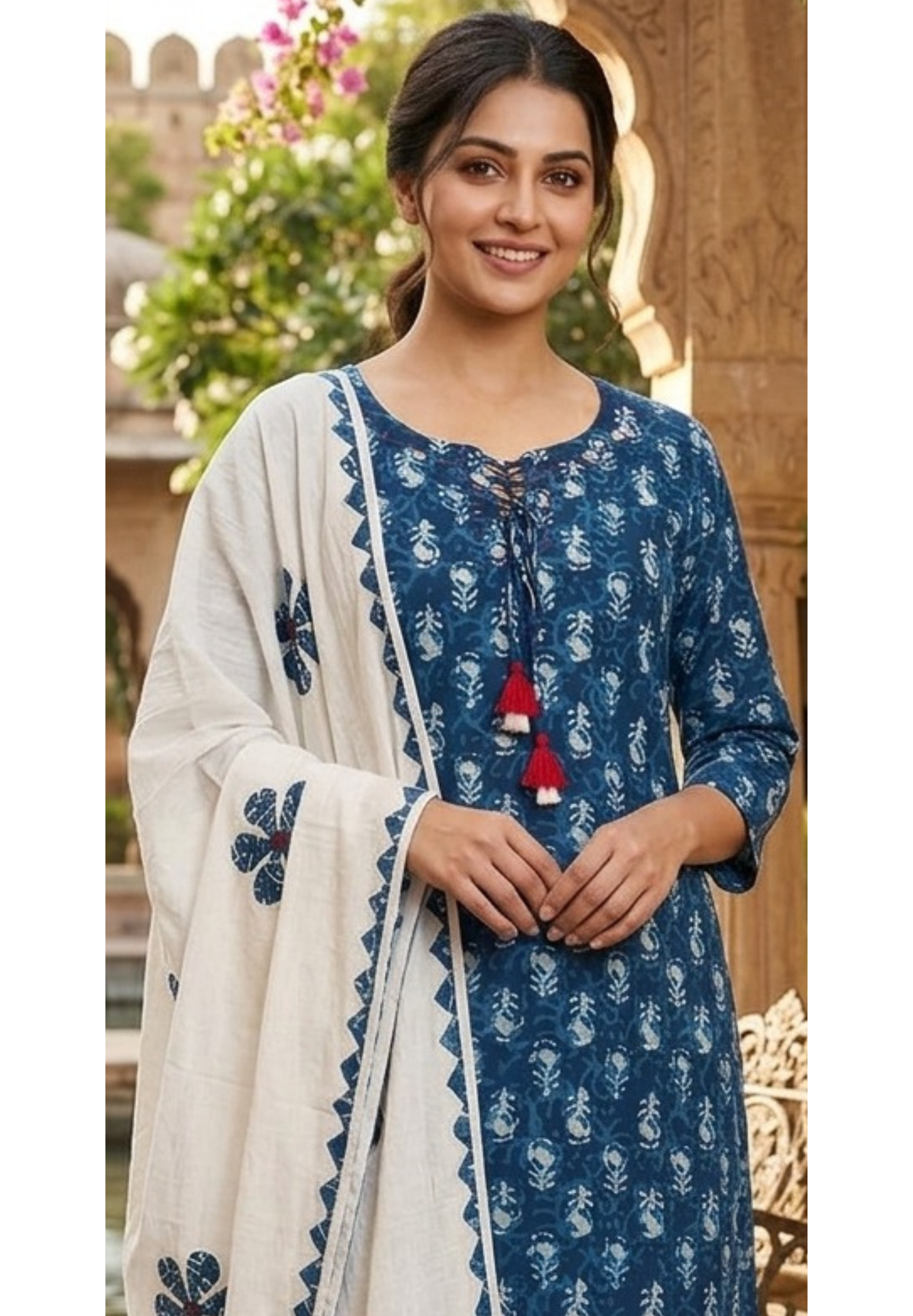 Complete Handblock Print Tassel Accent Cotton Full Suit Set With Dupatta- 14353 RB328