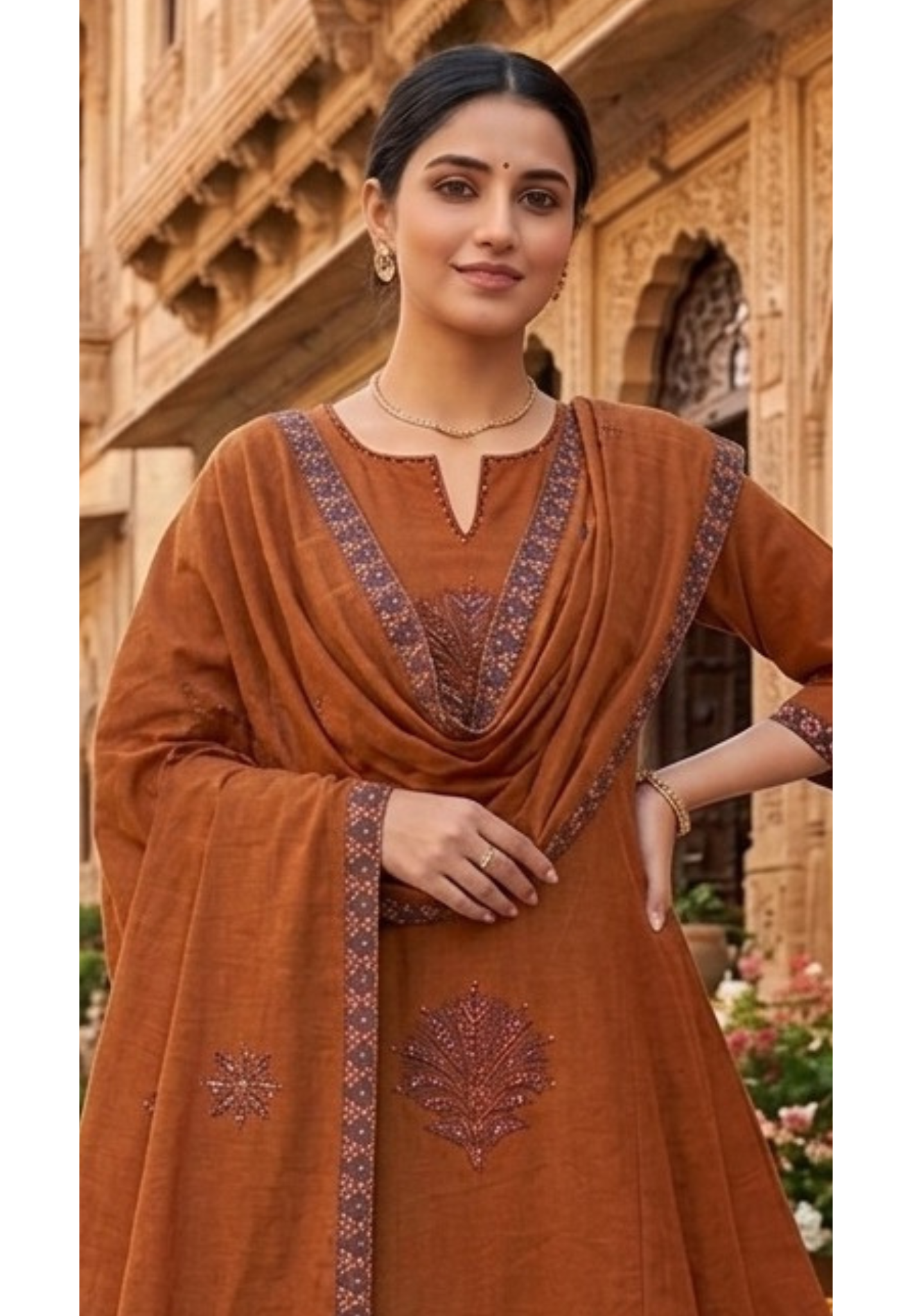 Wooden Cotton Silk Full Suit Set With Dupatta With Paisley Embroidery and Printed Borders- 14370 RB329