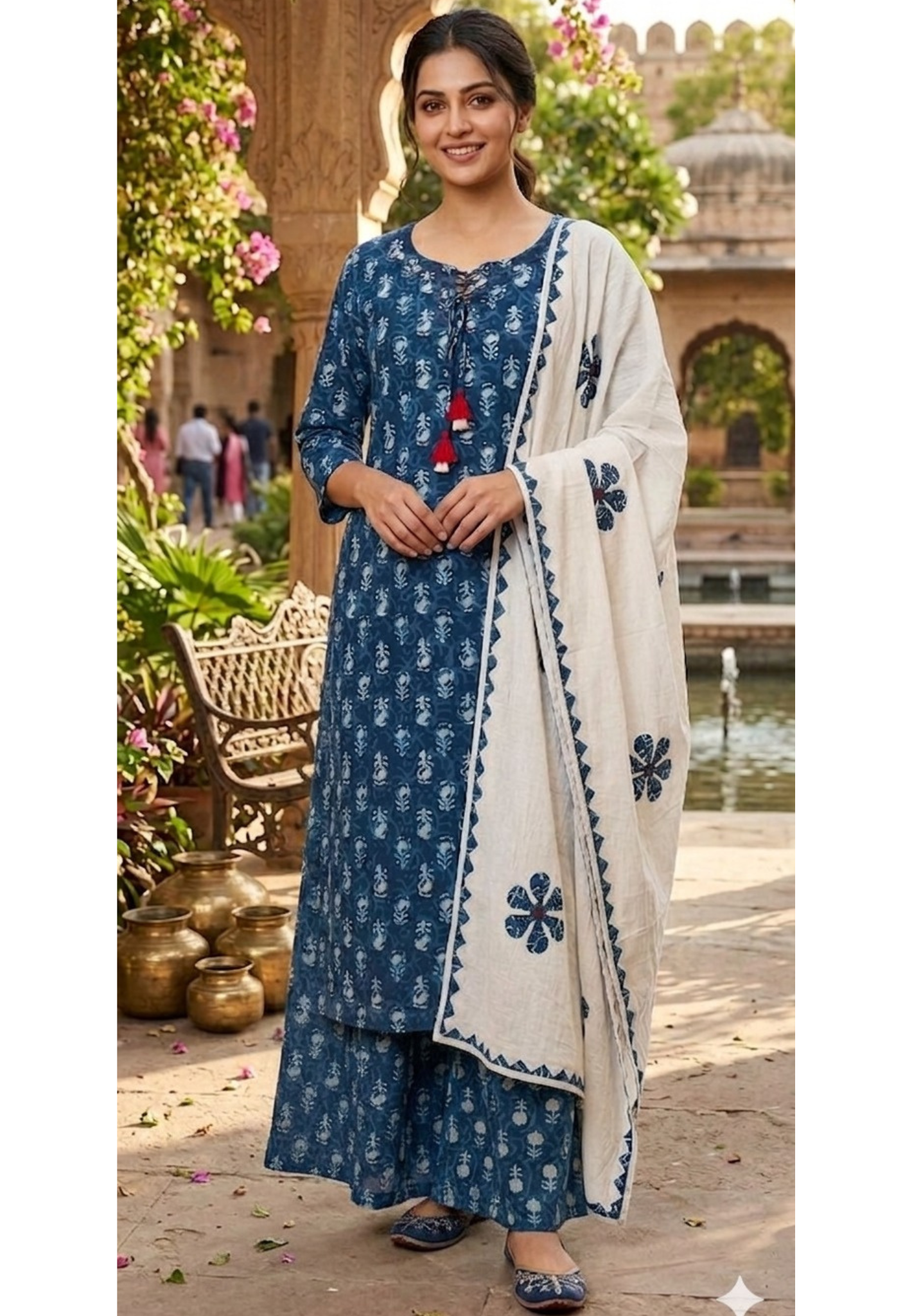 Complete Handblock Print Tassel Accent Cotton Full Suit Set With Dupatta- 14353 RB328