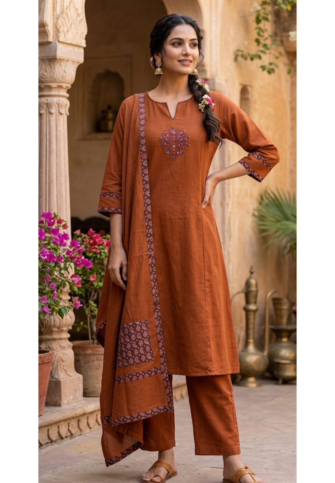 Wooden Cotton Silk Full Suit Set With Dupatta With Paisley Embroidery and Printed Borders- 14370 RB329