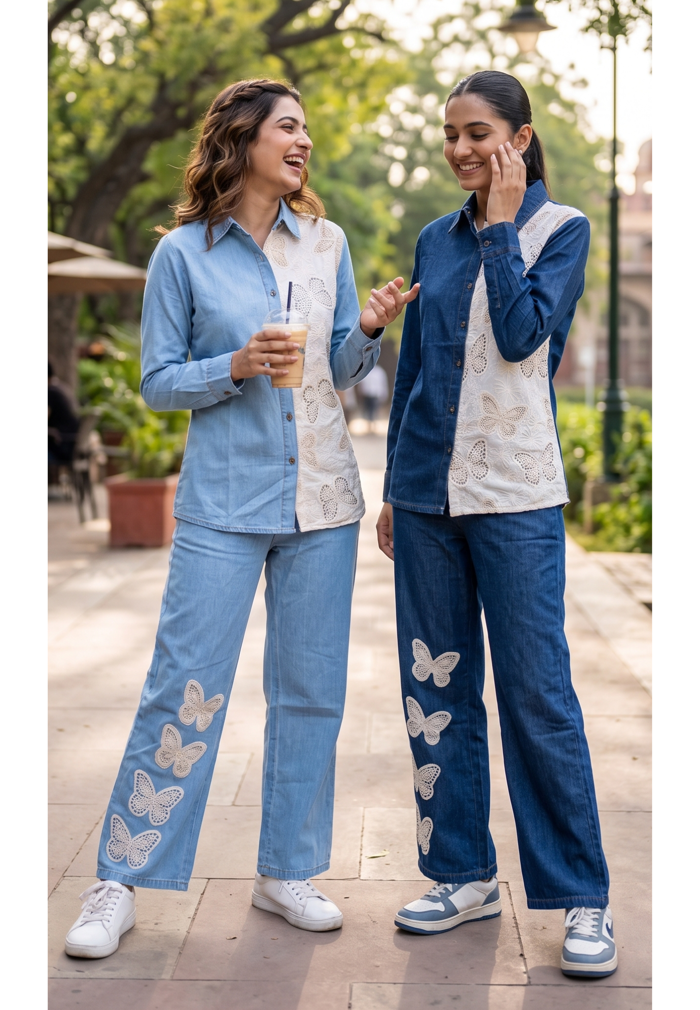 All Over Scattered Butterfly Patch Dual Tone Denim Co-Ord Set-14340