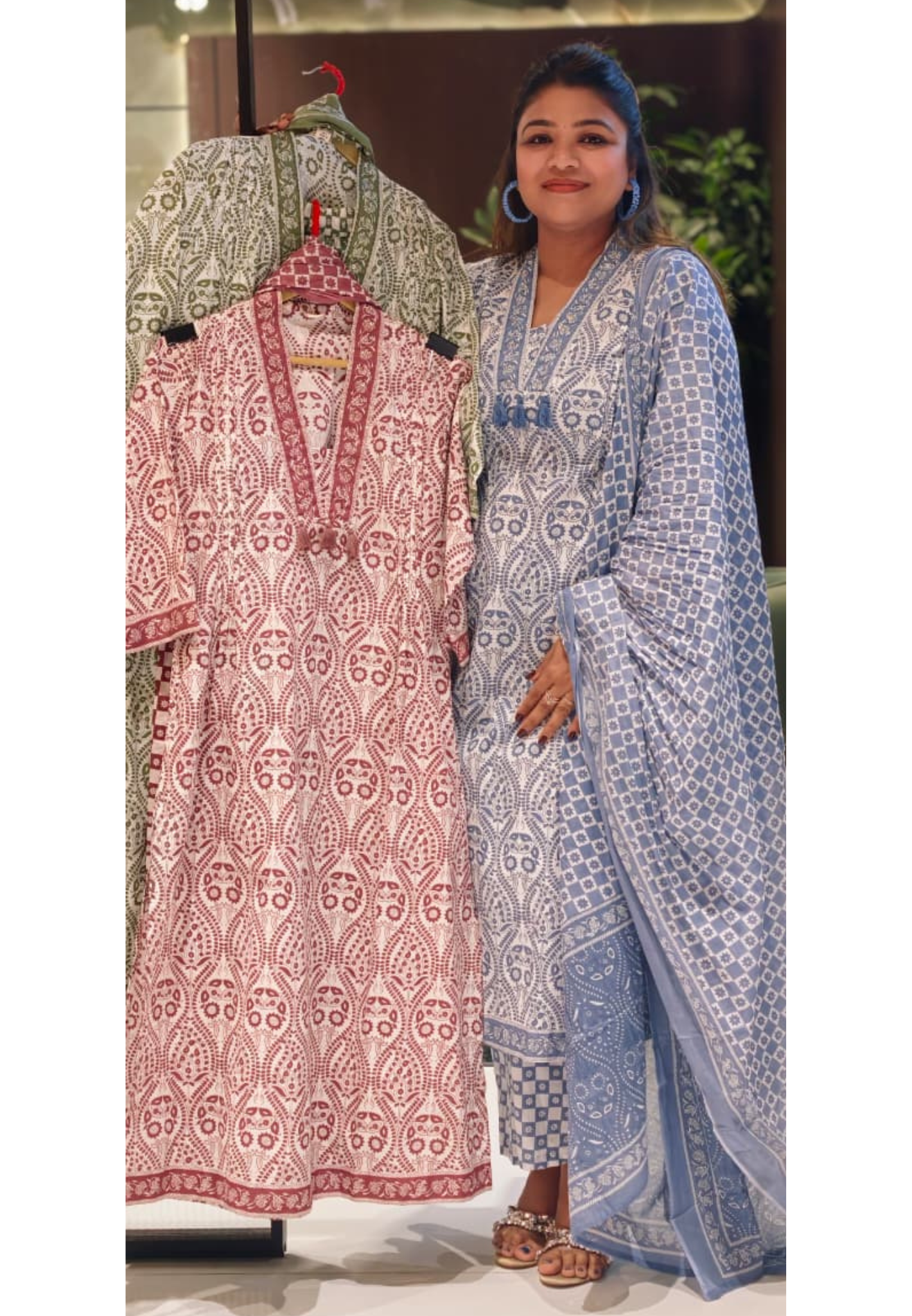 Upside Down Handblock Print V-Neck Tassel Accent A-Line Cotton Full Suit Set With Dupatta- 14301 RB324