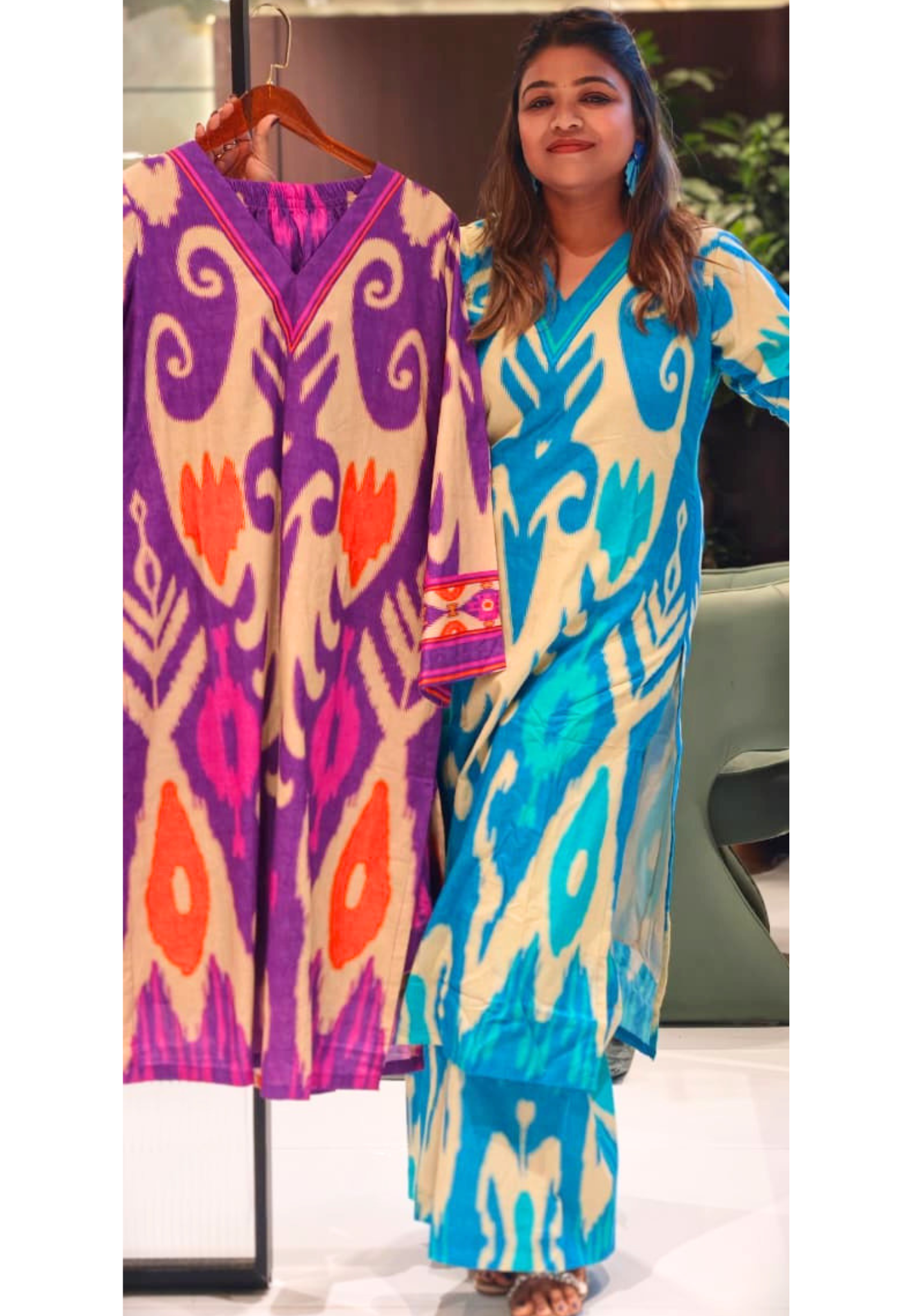 V-Neck Ikkat Handblock Print Bright Shaded Cotton Kurta Pant Set- 14519 RB319