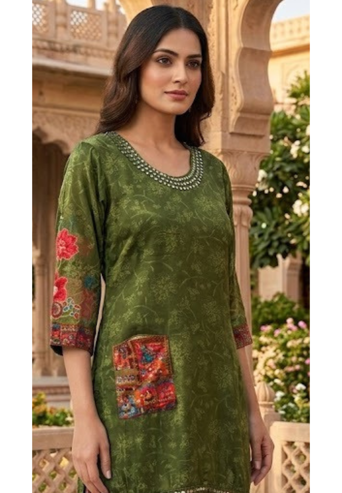 Olive Green Crepe Kurta with Mirror Work Neckline and Rajasthani Patchwork Detail Bottom (SLIGHTLY LEAN FIT)- 14548 RB340