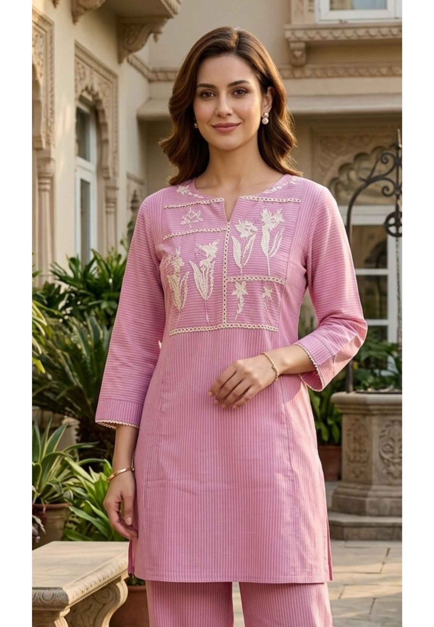 Thread Embroidered Floral Striped Co-Ord Set with Lace Paneling- 14552 RB343