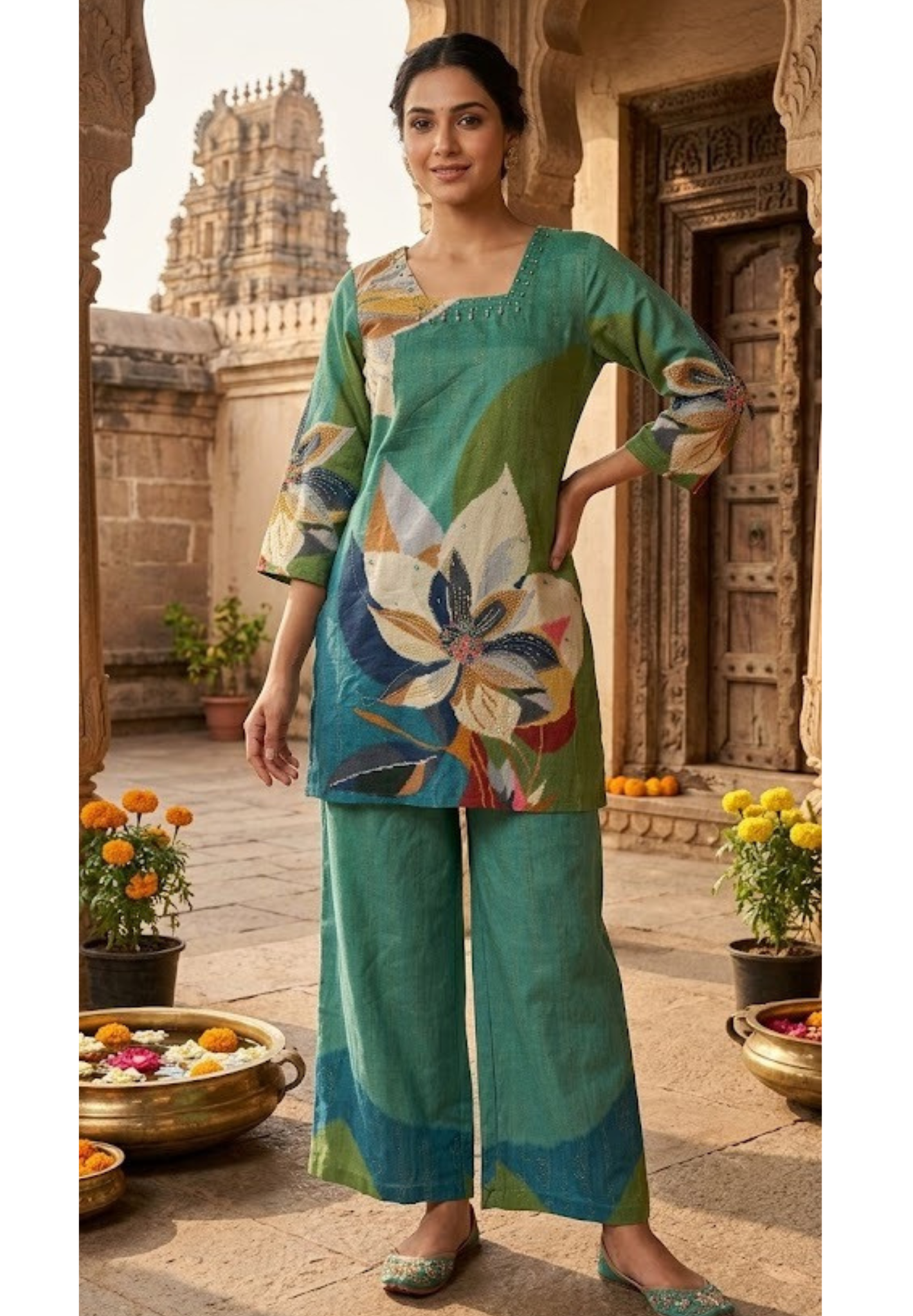 Multicolor Leaf Patch Printed Cotton Co-Ord Set With MInimal Hand Touch Over Neck- 14536 RB344