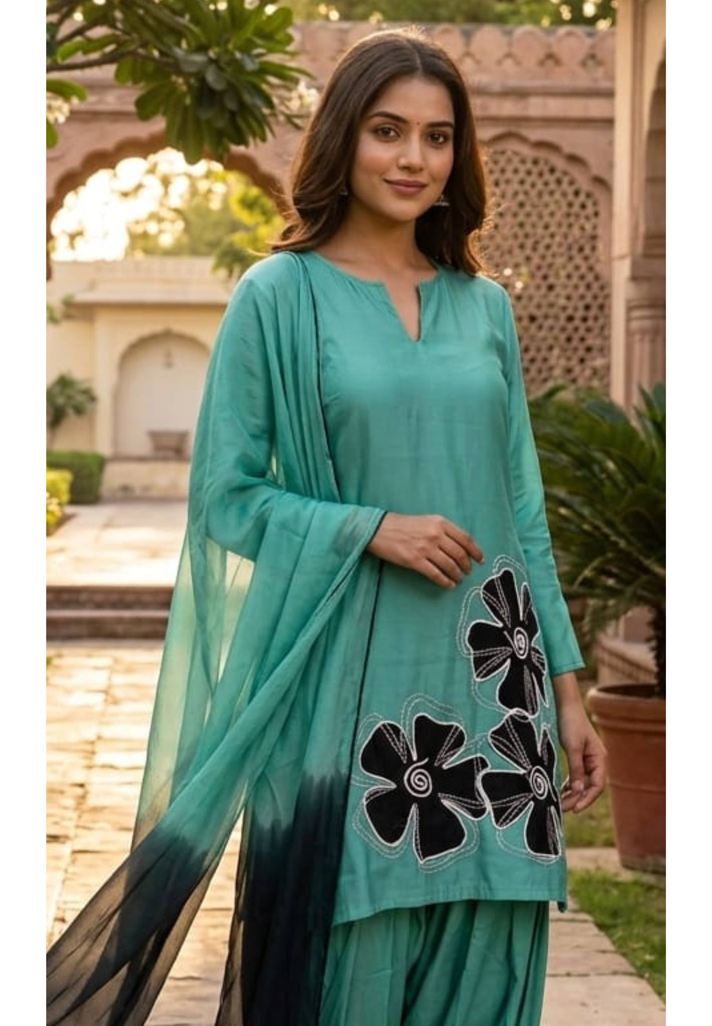 Floral Phased Patch Look Embroidered Work Full Suit Set With Farsi Bottom & Dupatta- 14467