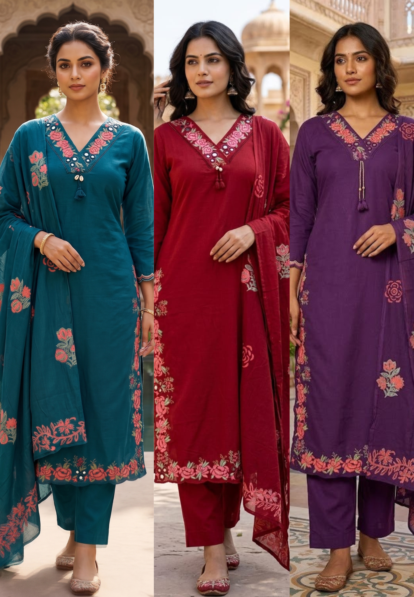 Solid Floral Embroidered Mirror Work Cotton Full Suit Set with Scalloped Dupatta- 14537 RB338