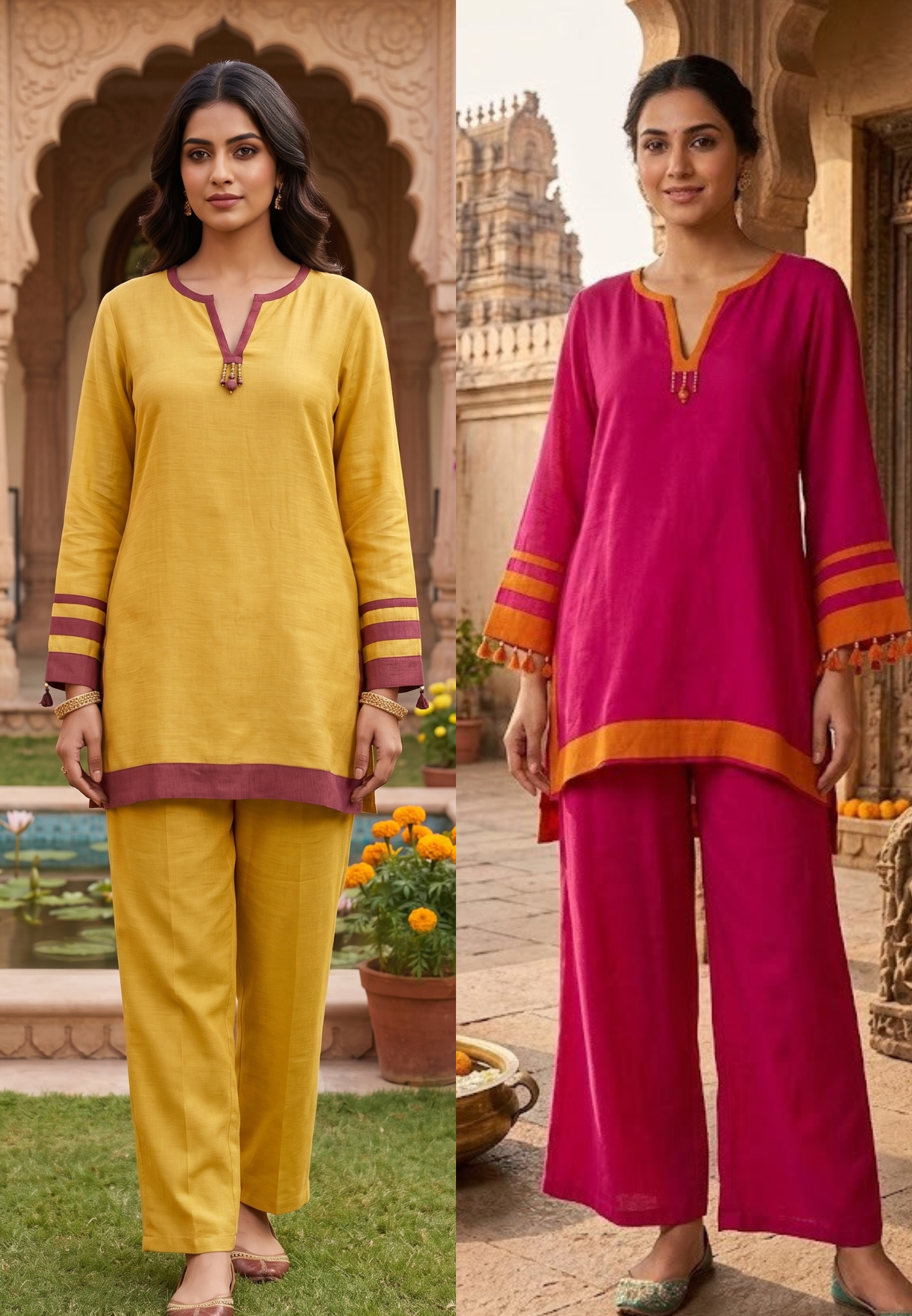 Solid Minimal Tassel Accent Border Highlights Matching Kurta Pant Set In Cotton Fabric- 14532 RB347