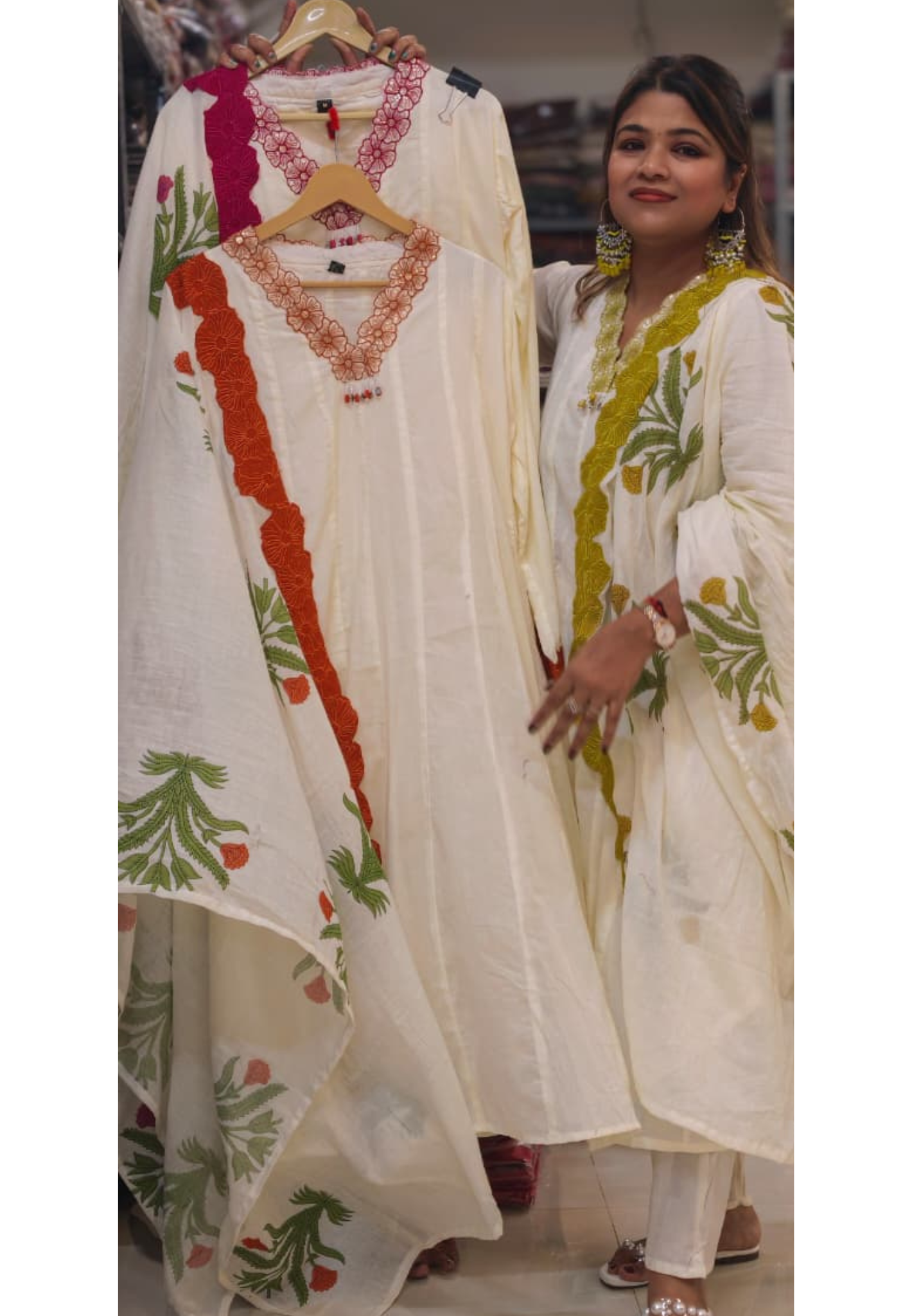 Premium Floral Embroidered Mul-Cotton Panel Anarkali Full Suit Set with Statement Lace Detailing & One Sided Applique Dupatta- 14553 RB336
