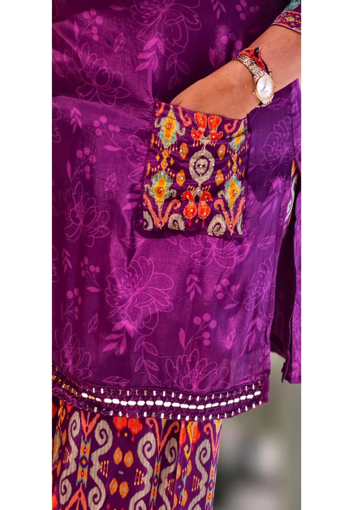 Radiant Artisanal Crepe Kurta Pant Set with Mirror Work Neckline and Heritage Patchwork (SLIGHTLY LEAN FIT) 14540,41,42,44 RB341