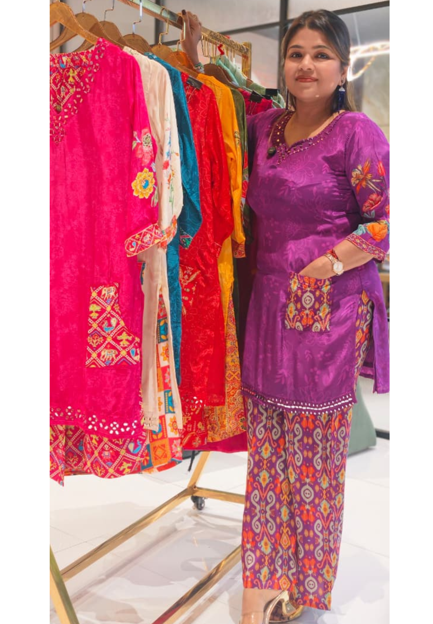 Radiant Artisanal Crepe Kurta Pant Set with Mirror Work Neckline and Heritage Patchwork (SLIGHTLY LEAN FIT) 14540,41,42,44 RB341