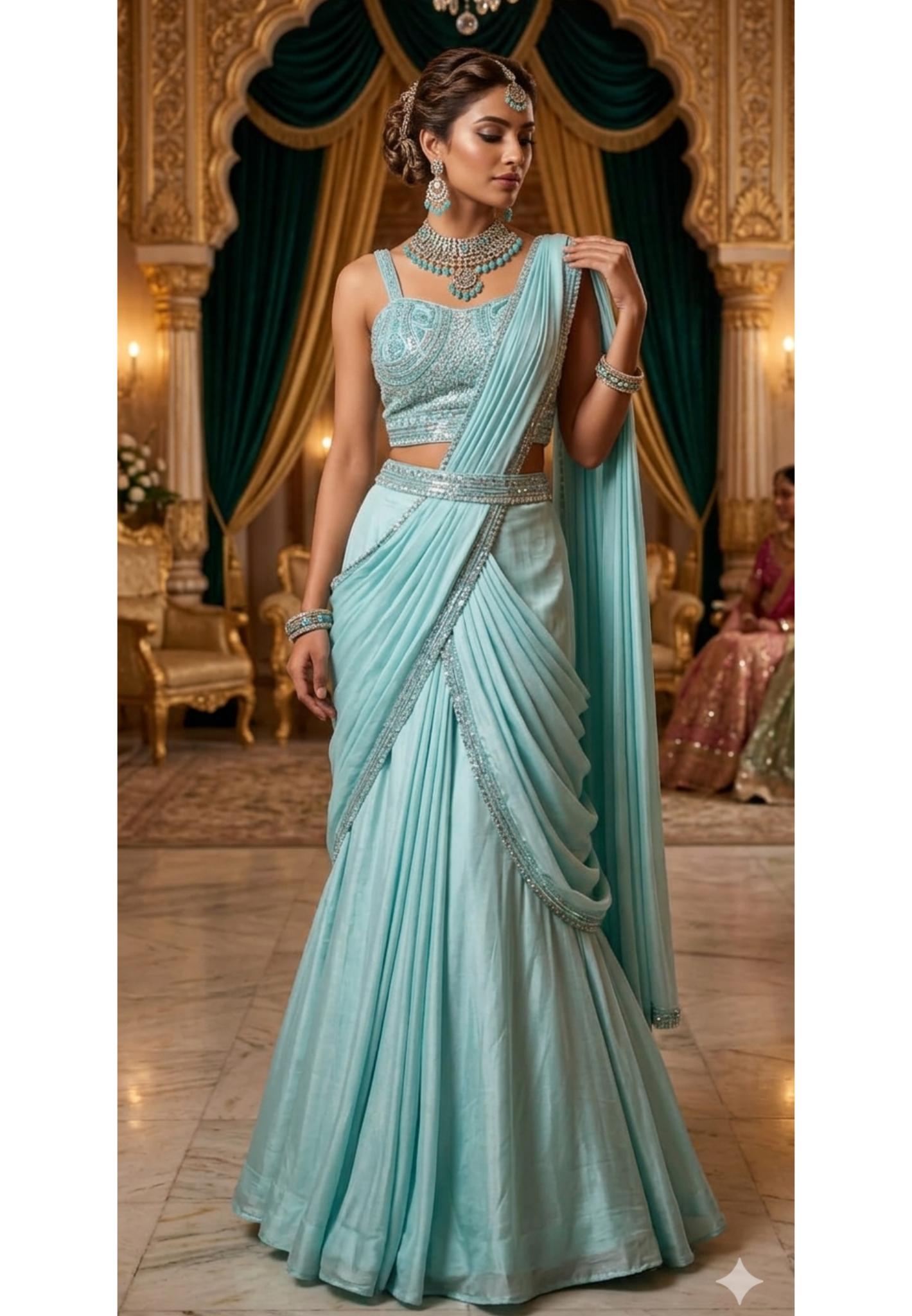 Designer Sky Blue Heavily Embellished Crop Top with Pre-Draped Draped Saree Style Lehenga - 14090