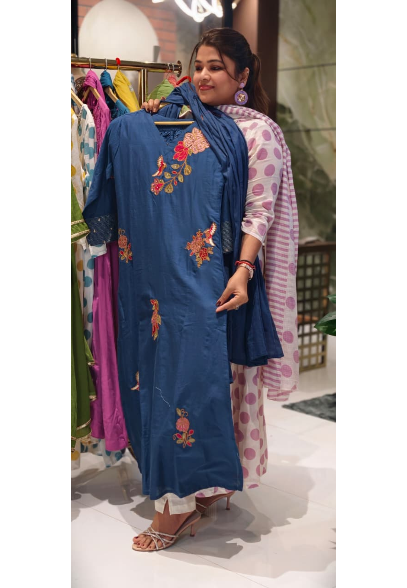 Elegant Navy Blue Kurta with Intricate Multicolor Floral Embroidery Cotton Full Suit-14265 RB203