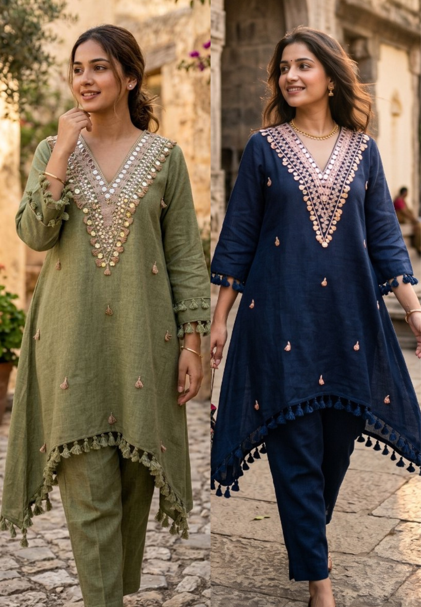 Real Mirror Boho Chic V-Neck Thread Tassel Accent Cotton Co-Ord Sets- 14560 RB362