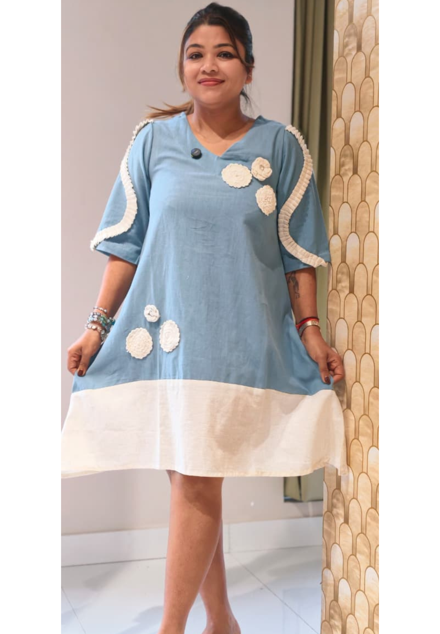 Beautiful Crochet Work Dual Tone Summer Wear Frock With Balloon Sleeve- 14573 RB395