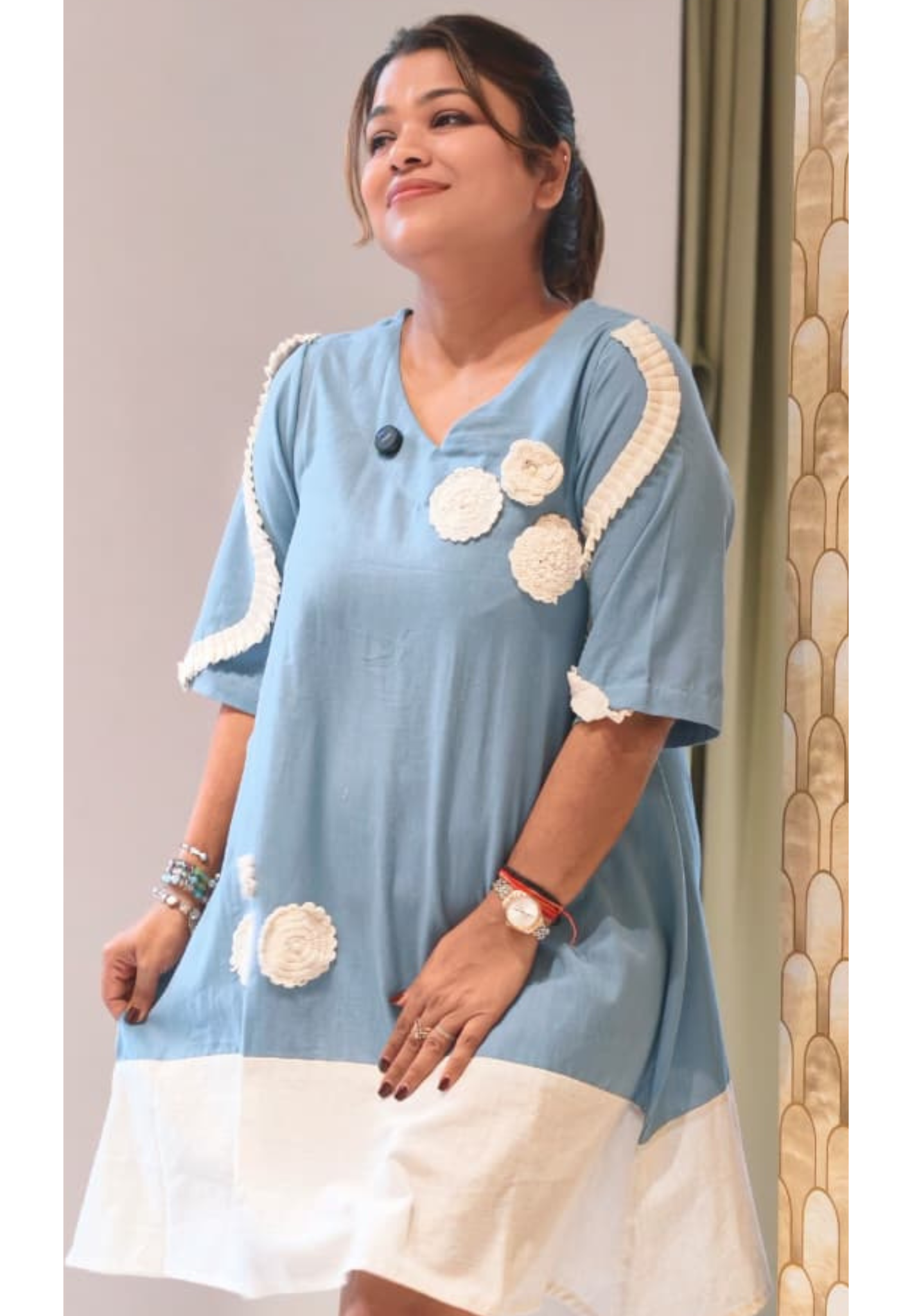 Beautiful Crochet Work Dual Tone Summer Wear Frock With Balloon Sleeve- 14573 RB395