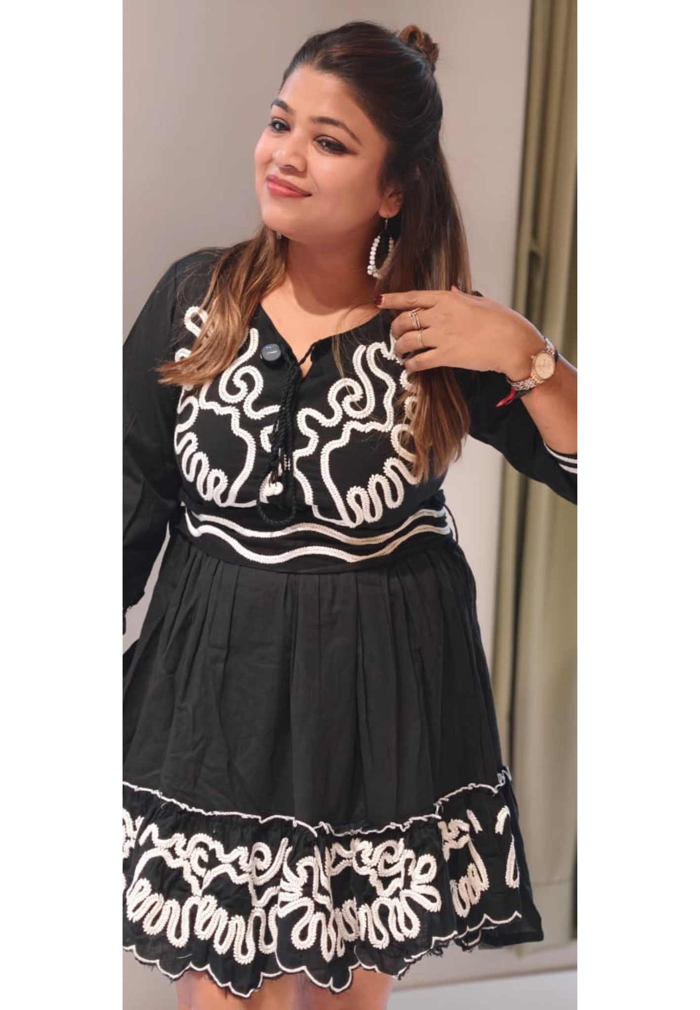 Midnight Onyx Scalloped Flare Frock with Contrast Corded Patchwork and Tasseled V-Neck Ankle Length- 14577 RB393
