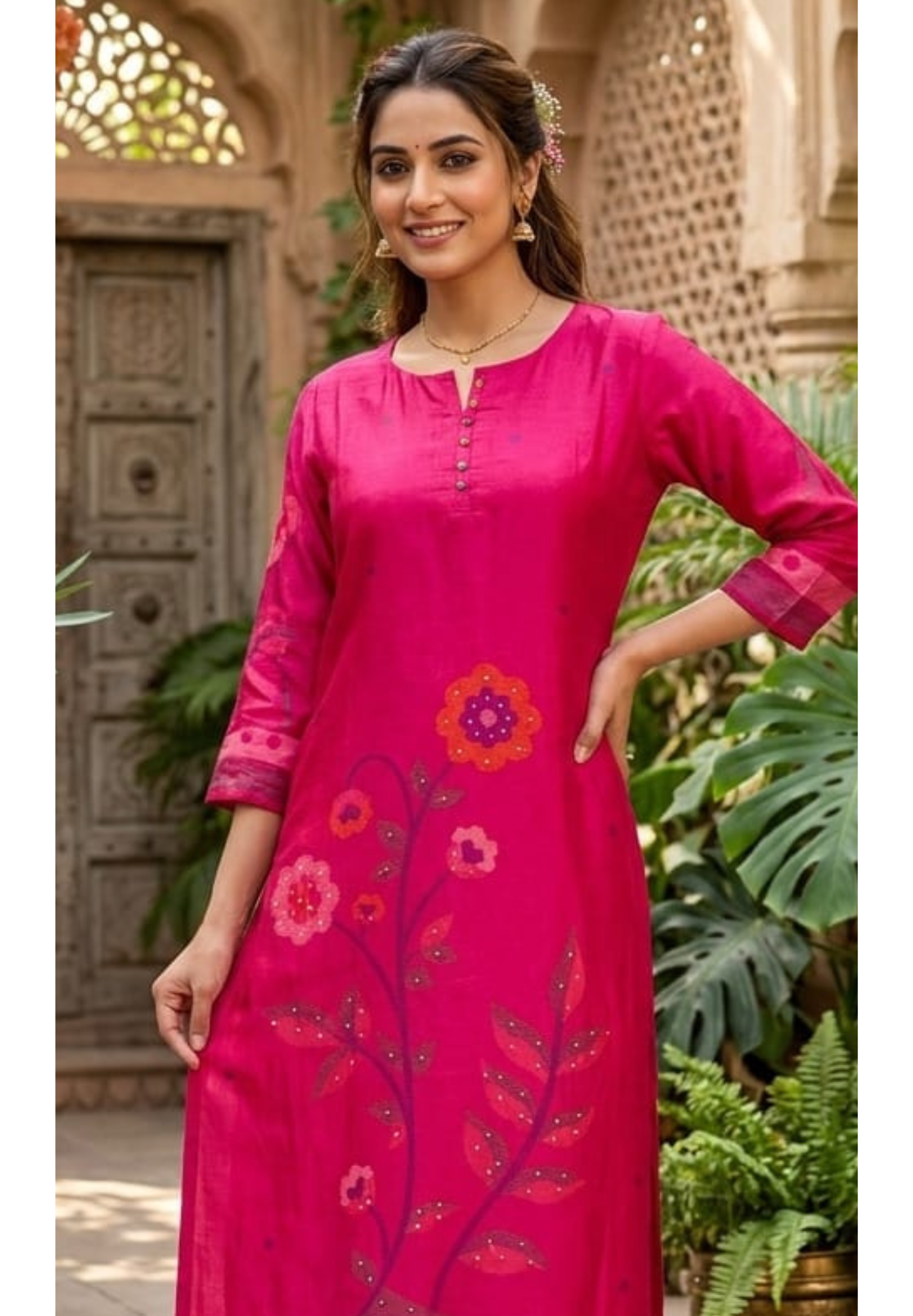 Fuschia Radiance Botanical Charm Russian Silk Blend Kurti Only- 14714, 14771 RB383 LEAN FIT BOOK NEXT SIZE