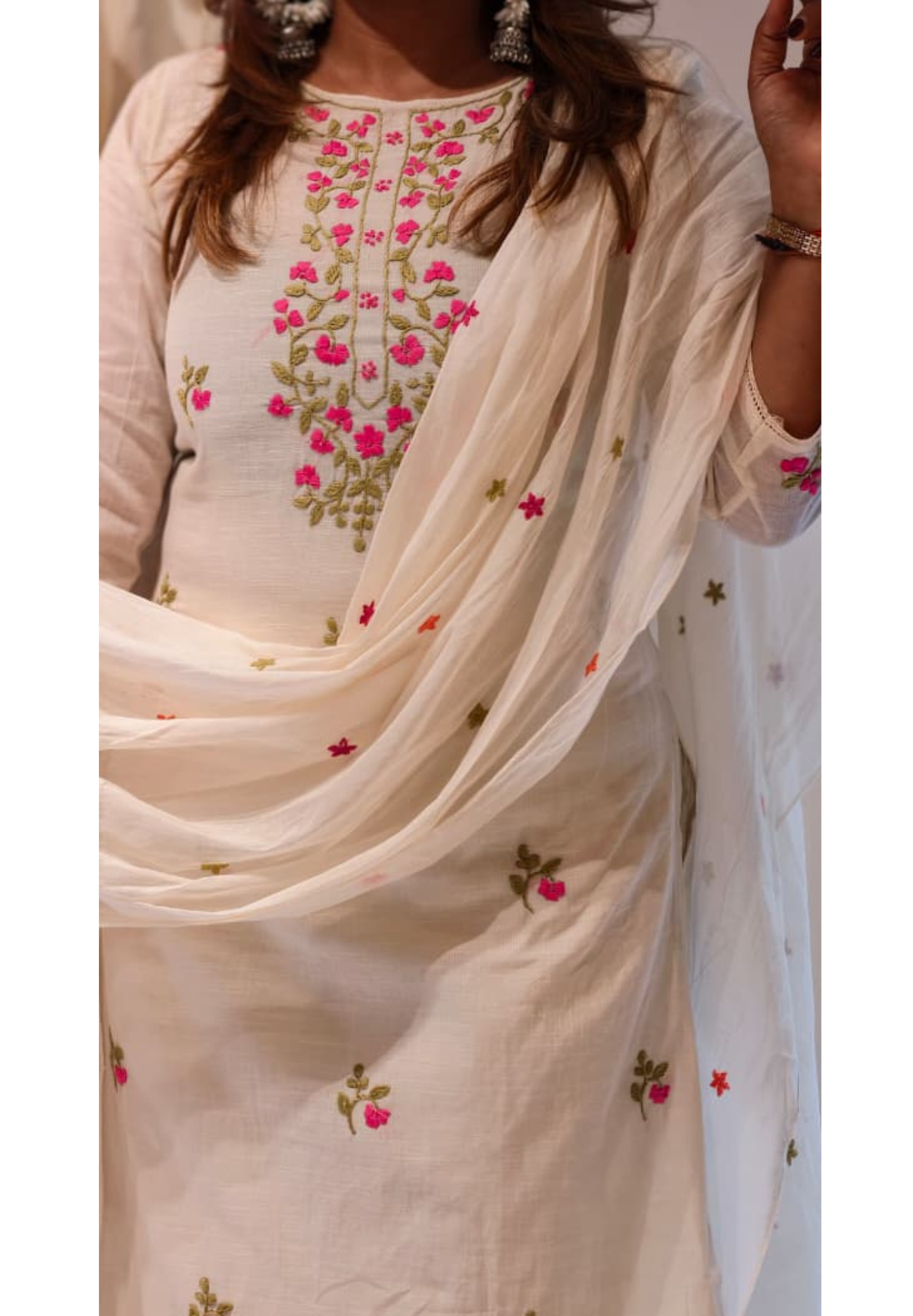 Ethereal Off-White Kora Cotton Full Suit Set with Fine Floral Subtle Embroidery- 14690 (Lean Fit)RB387