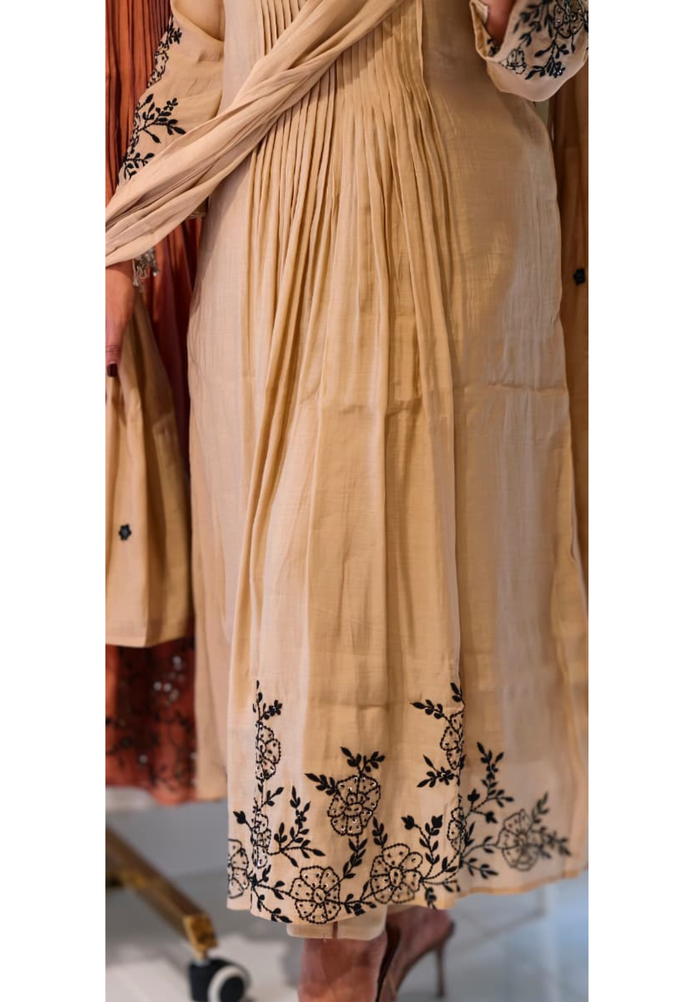 Surat Mul Chanderi Intricate Fine Embroidery Pleated A-Line Solid Full Suit Set With Dupatta- 14677 RB392