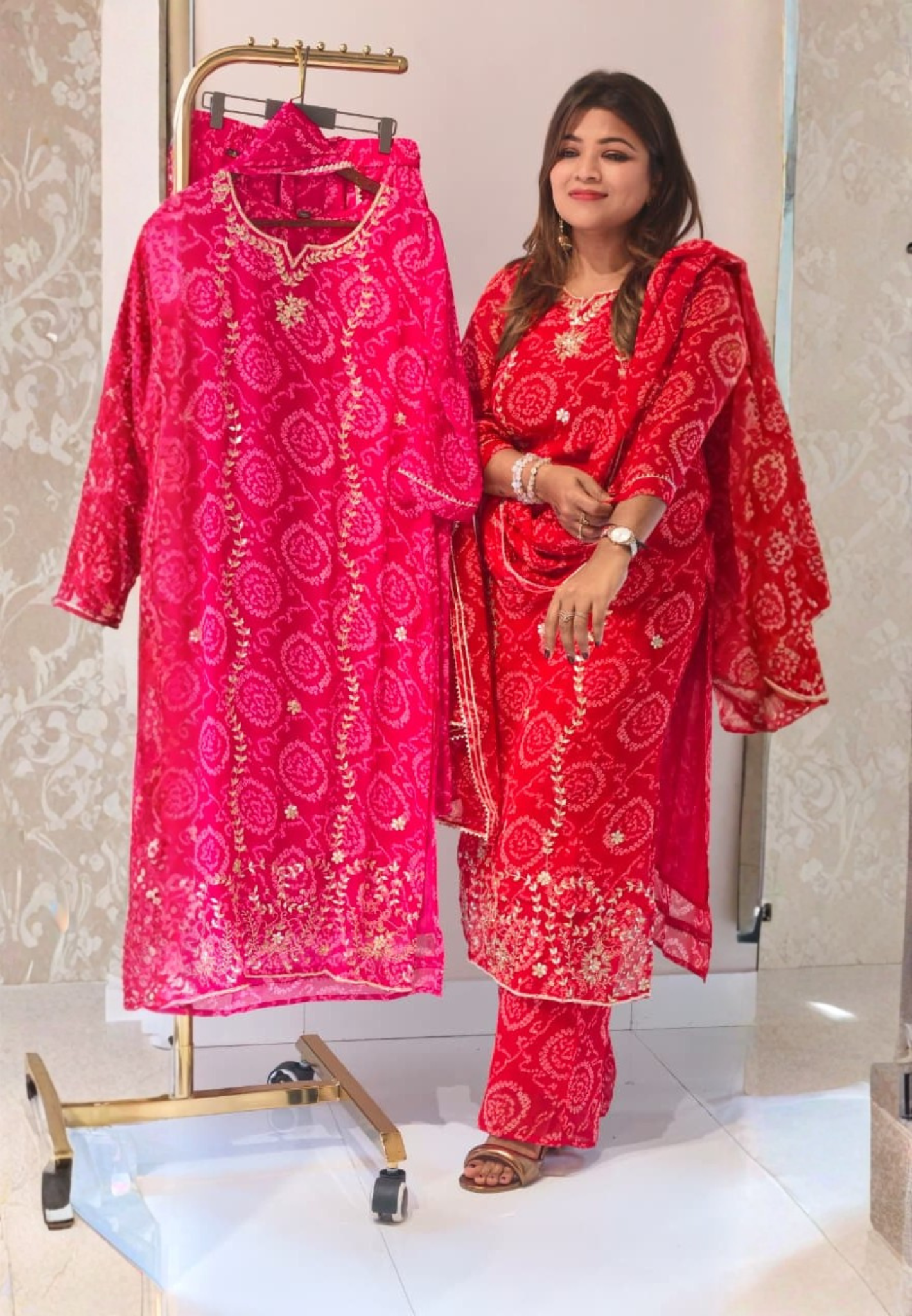 Premium Georgette Pure Gotta Patti Work Vibrant Bandhej Full Suit Set With Dupatta- 14539 RB385