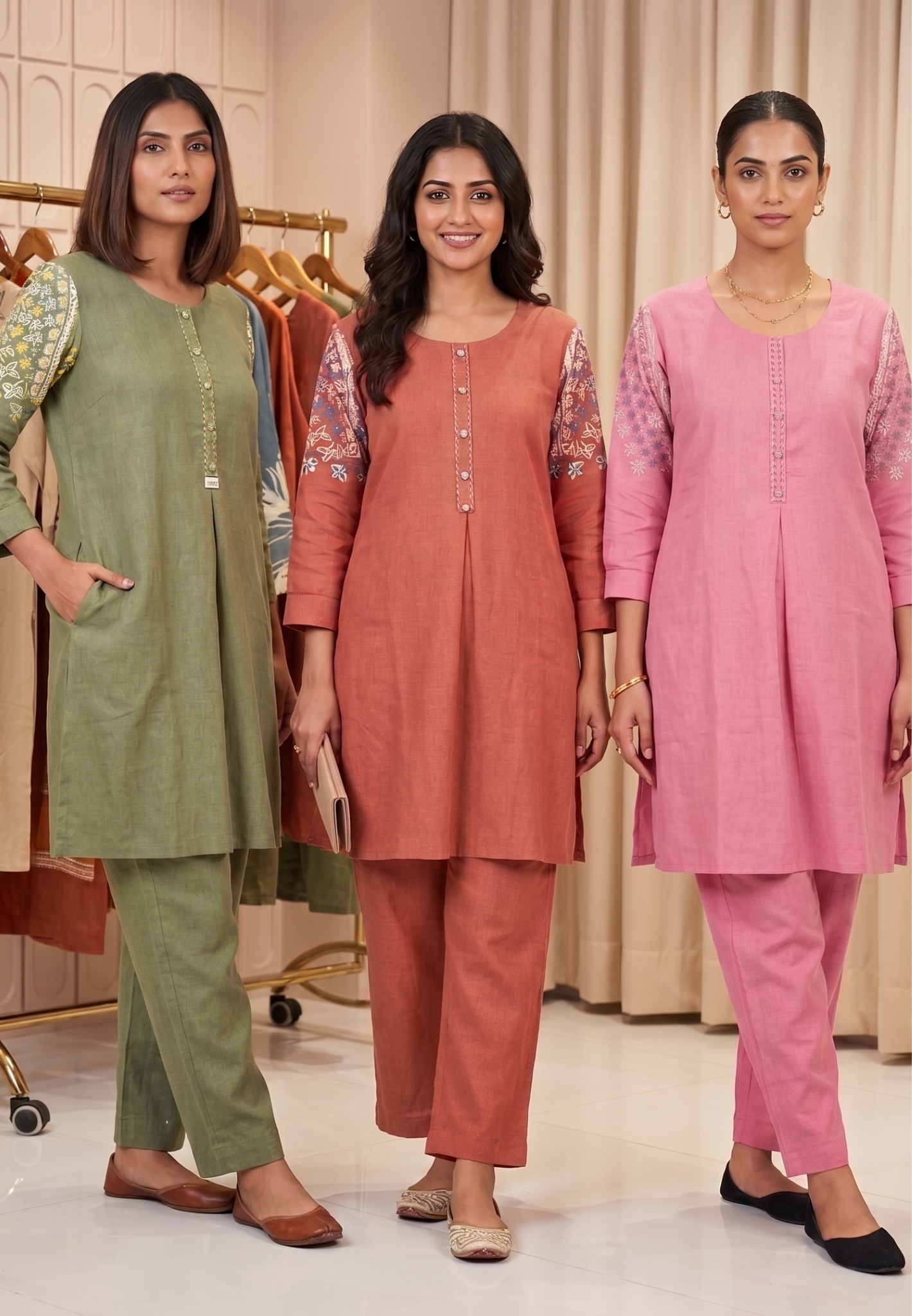 Very Minimal Embroidery Over Sleeve Buttoned Solid Cotton Co-Ord Set- 14675