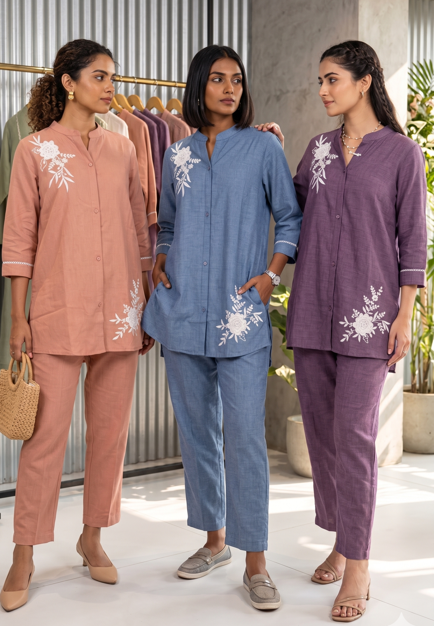 Suttle Floral Embroidery Smart Casual Look Solid Cotton Co-Ord Set- 14734