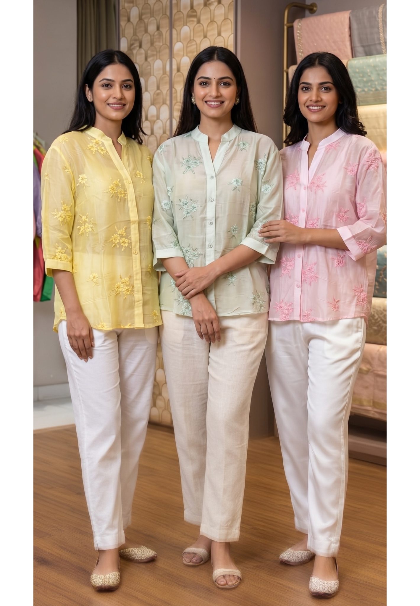 Pastel Shades Elegant Floral Embroidered Mandarin Collared Imported Shirt- 14766 RB443