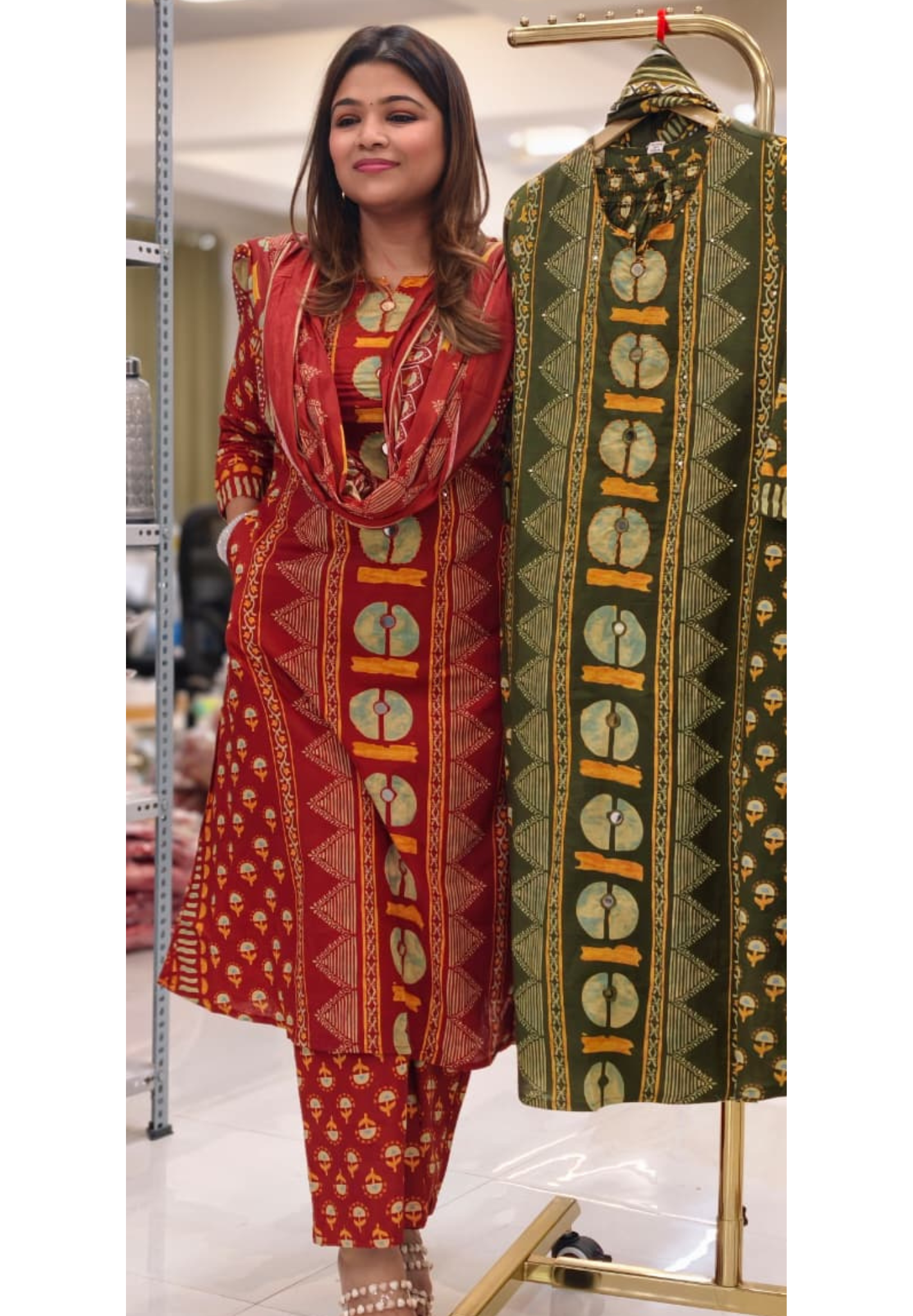 Bati Traditional Print A-Line Full Suit Set With Dupatta In Pure Cotton Fabric- 14796 RB418