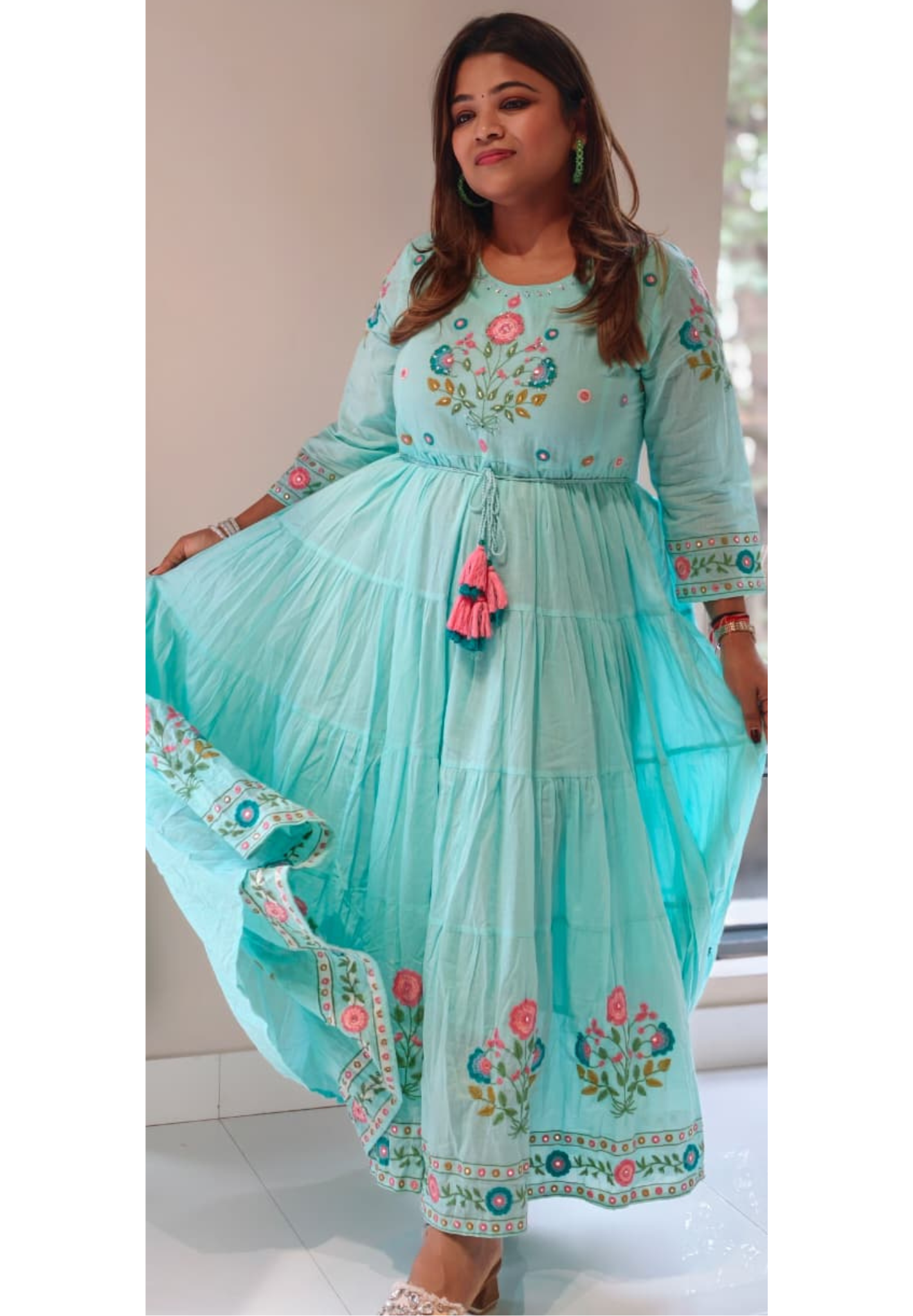 Multicolor Thread Embroidery Sequin Upwork Pastel Shade Multi Layers Plated Mul Cotton Ankle Length Frock-14672 RB407