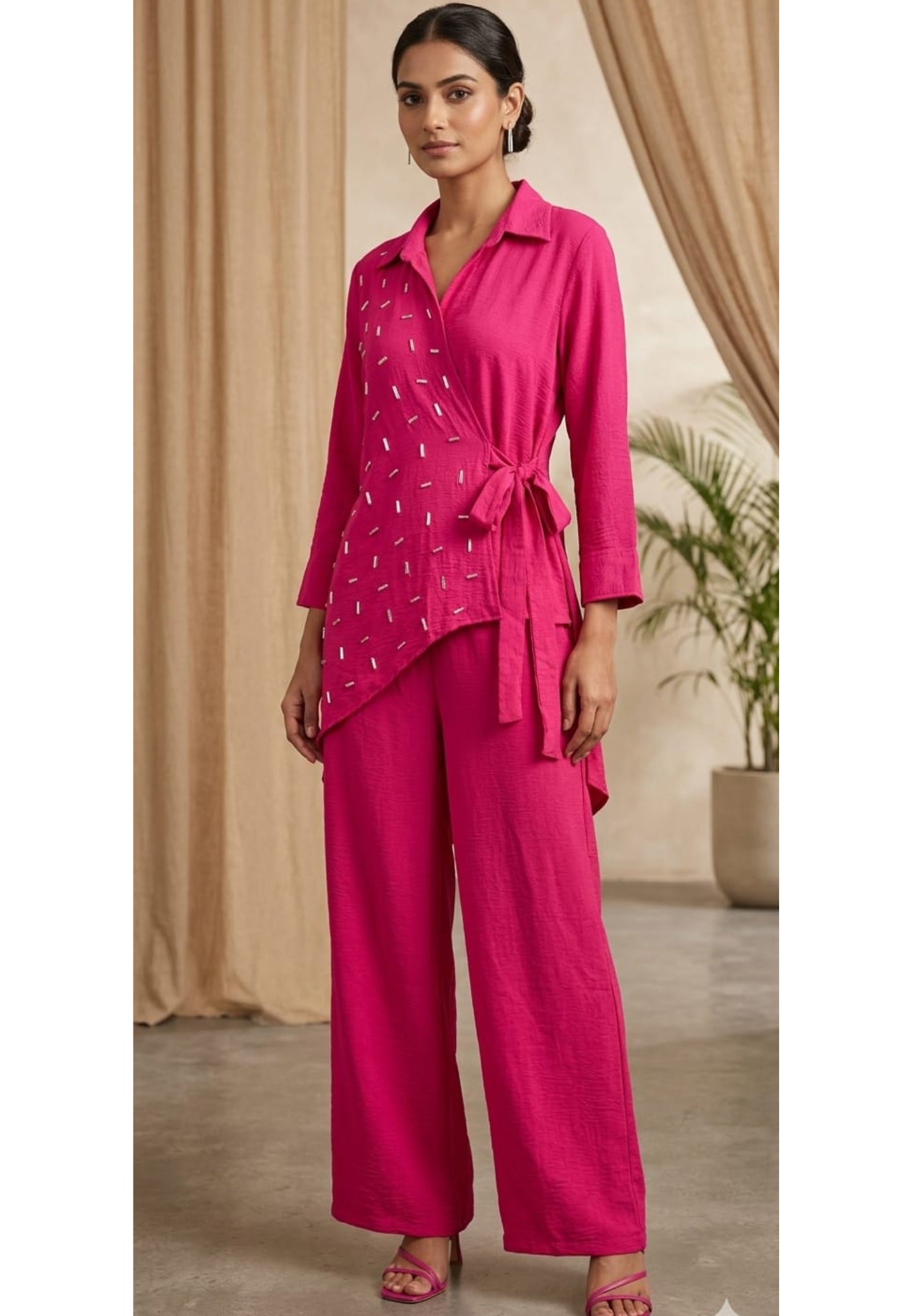 One Sided Golden Statement Work Solid Knotted Stretchable Co-Ord Set- 14789 RB403