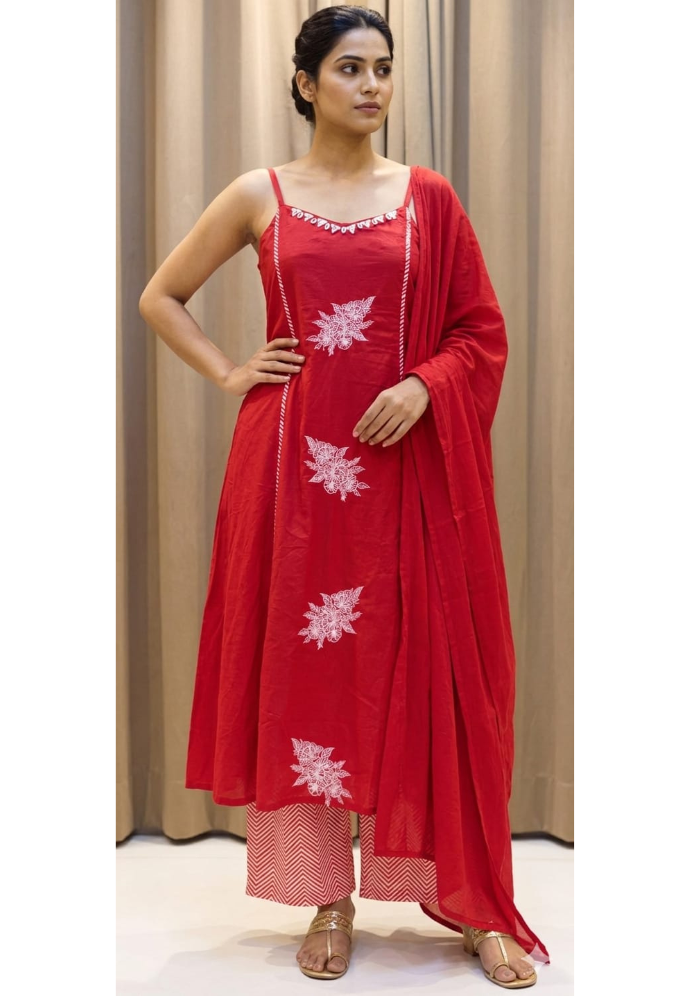 Pocket Style Vibrant Red Embroidered Sleeveless Cotton A-Line Full Suit Set With Dupatta RB411