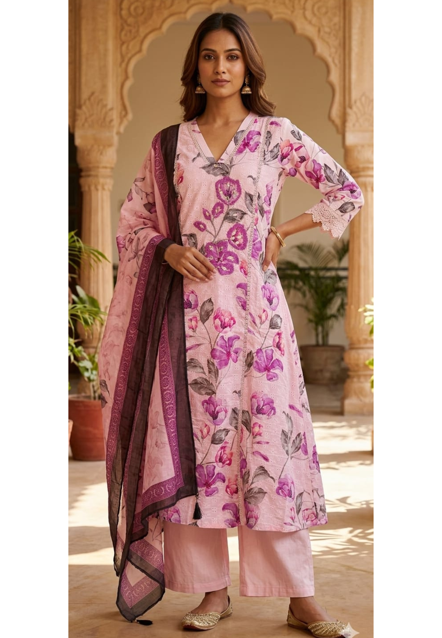Blush Peony Intricate Embroidered Lace Paneling Cotton Full Suit Set With Dupatta- 14681 RB419