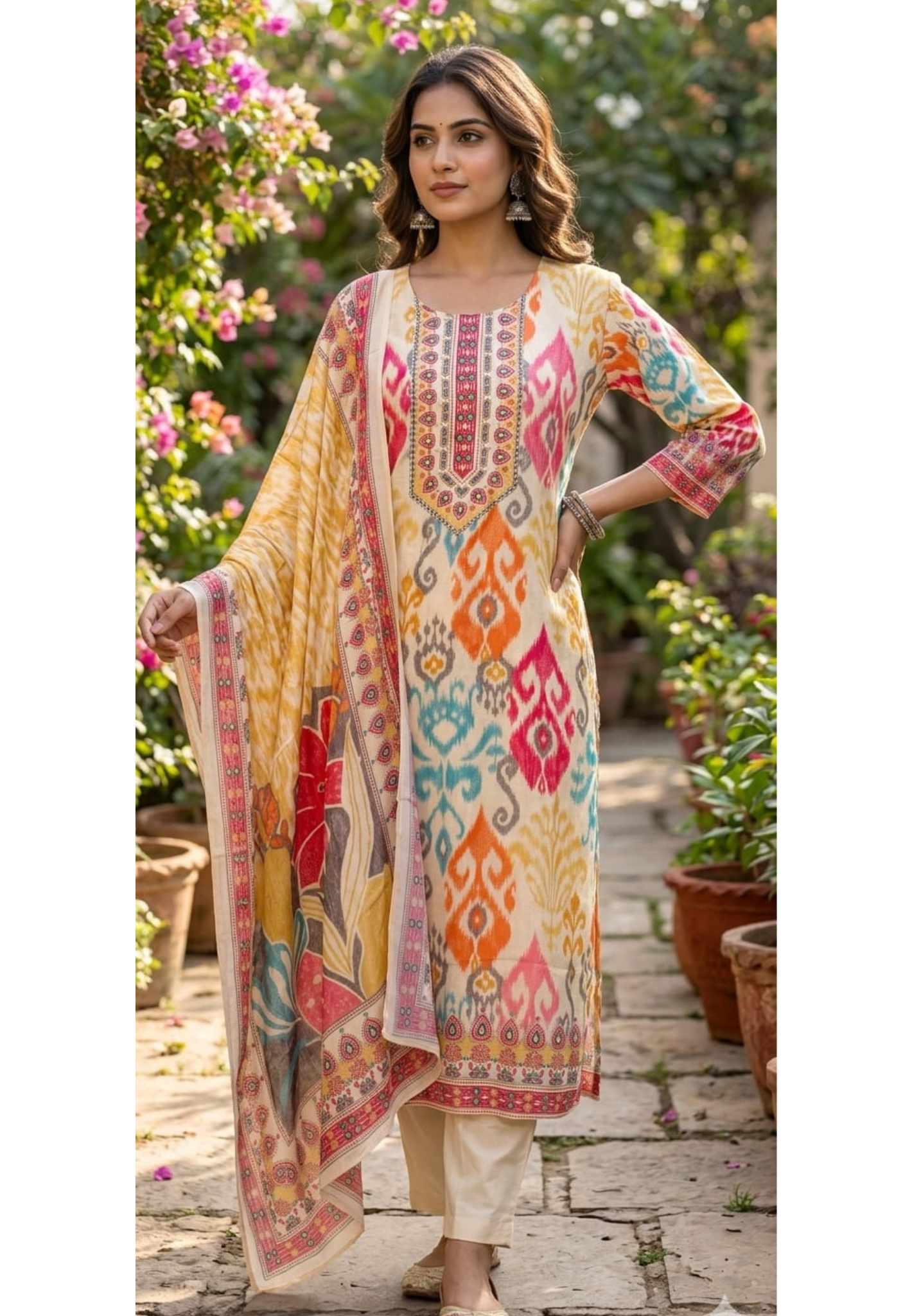 Multicolor Ikkat Inspired Motif Minimal Neck Embroidery Full Suit Set With Dupatta- 14724 RB423