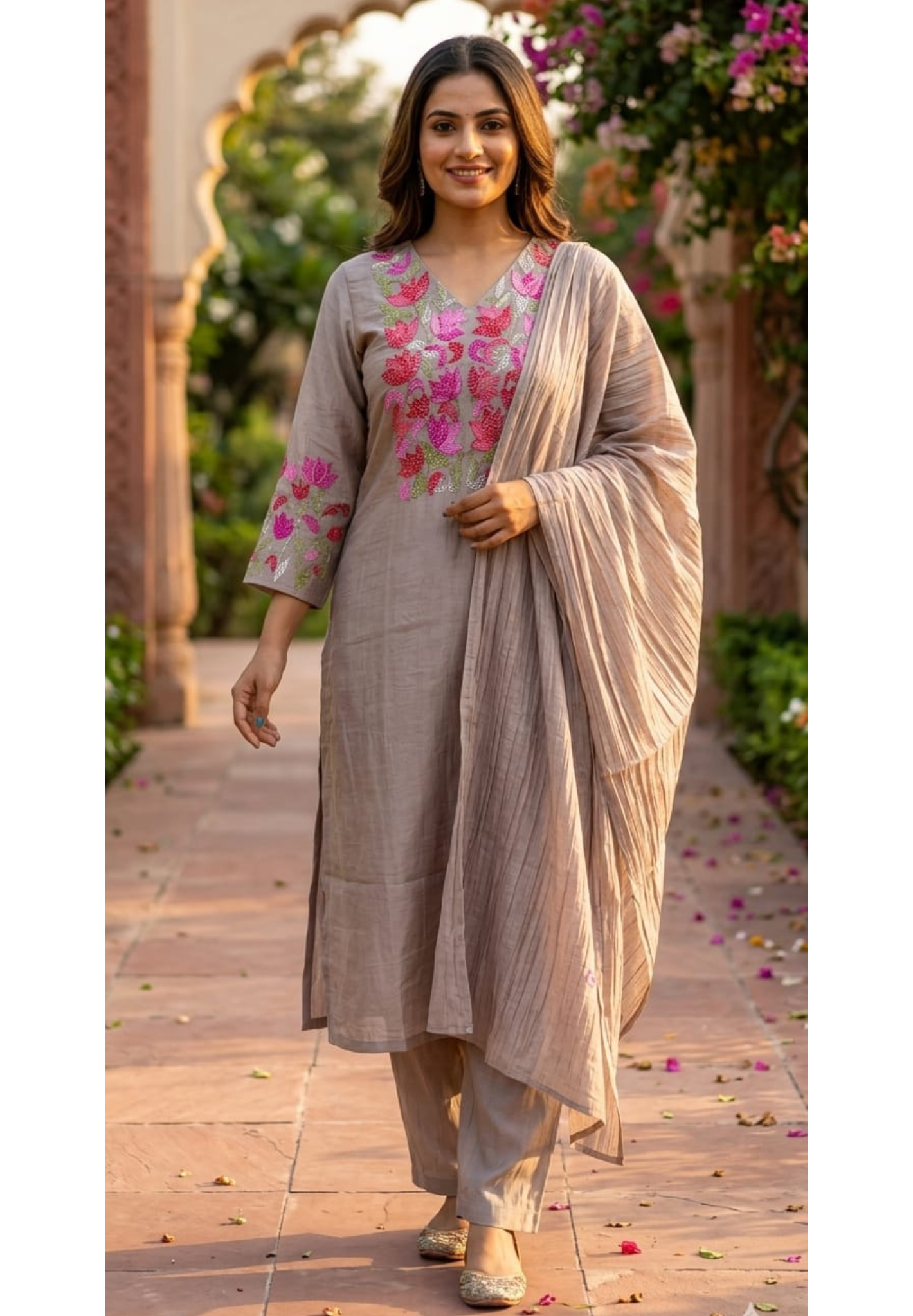 Katha Sticth Multicolor Thread Embroidery Soft Crush Look Mul Chanderi Full Suit Set With Dupatta- 14693 RB427