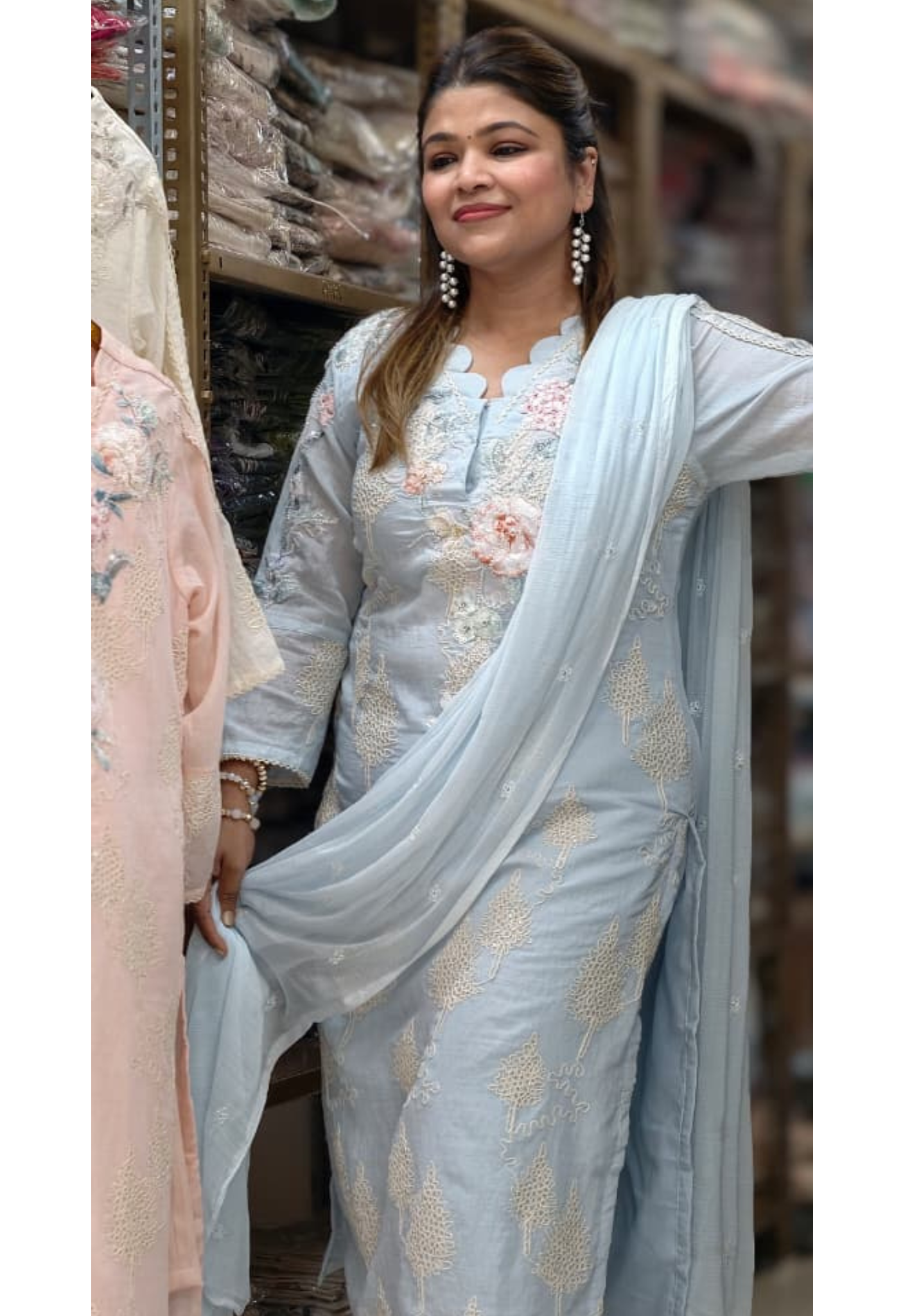 Ivory Pearl Scalloped Chikankari Premium Cotton Full Suit Set with 3D Floral Hand Embroidery- 14830 RB455