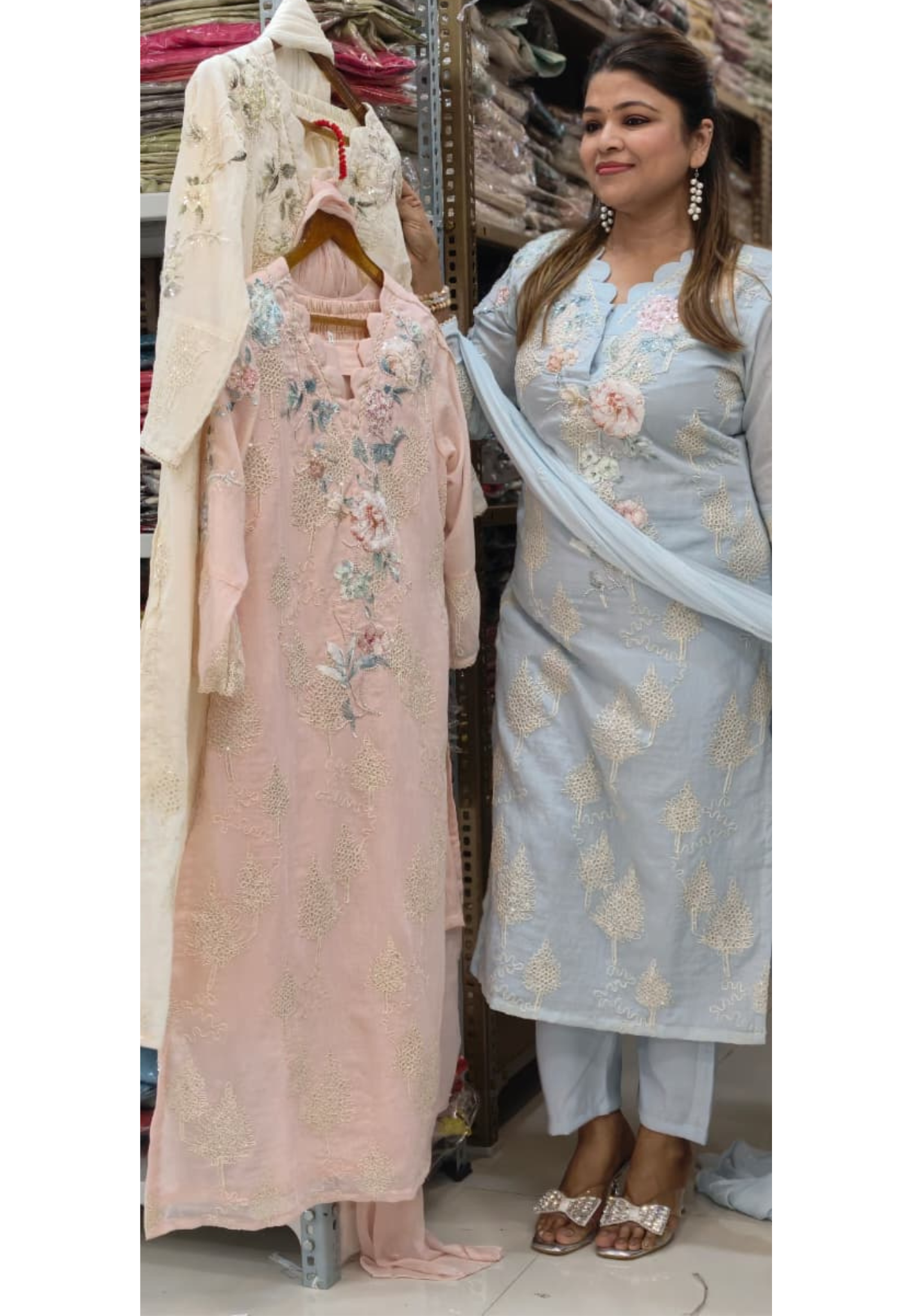 Ivory Pearl Scalloped Chikankari Premium Cotton Full Suit Set with 3D Floral Hand Embroidery- 14830 RB455