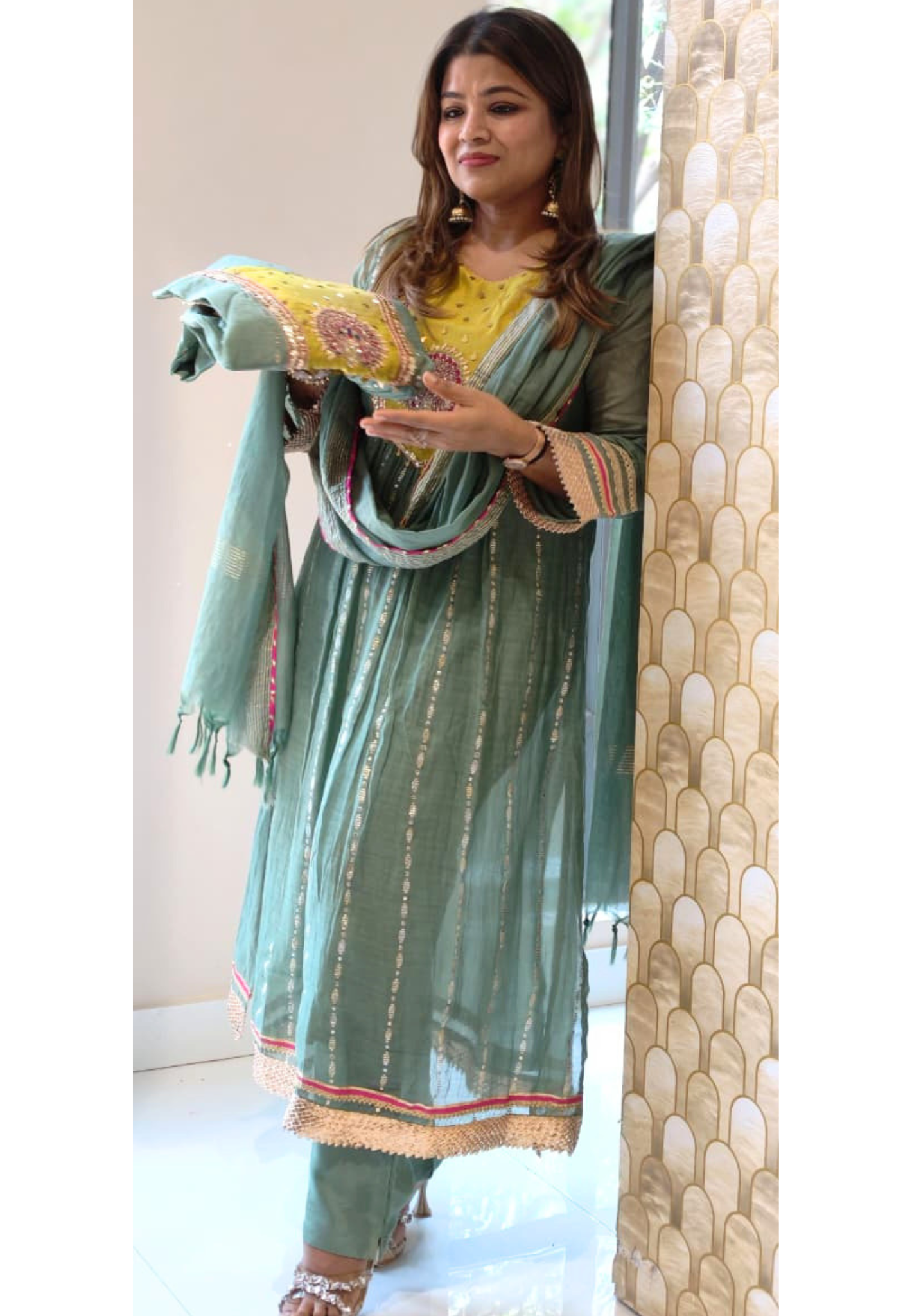 Dual Green Golden Gotta Highlights Banarasi Mul Chanderi A-Line Full Suit Set With Dupatta- 13723 RB458