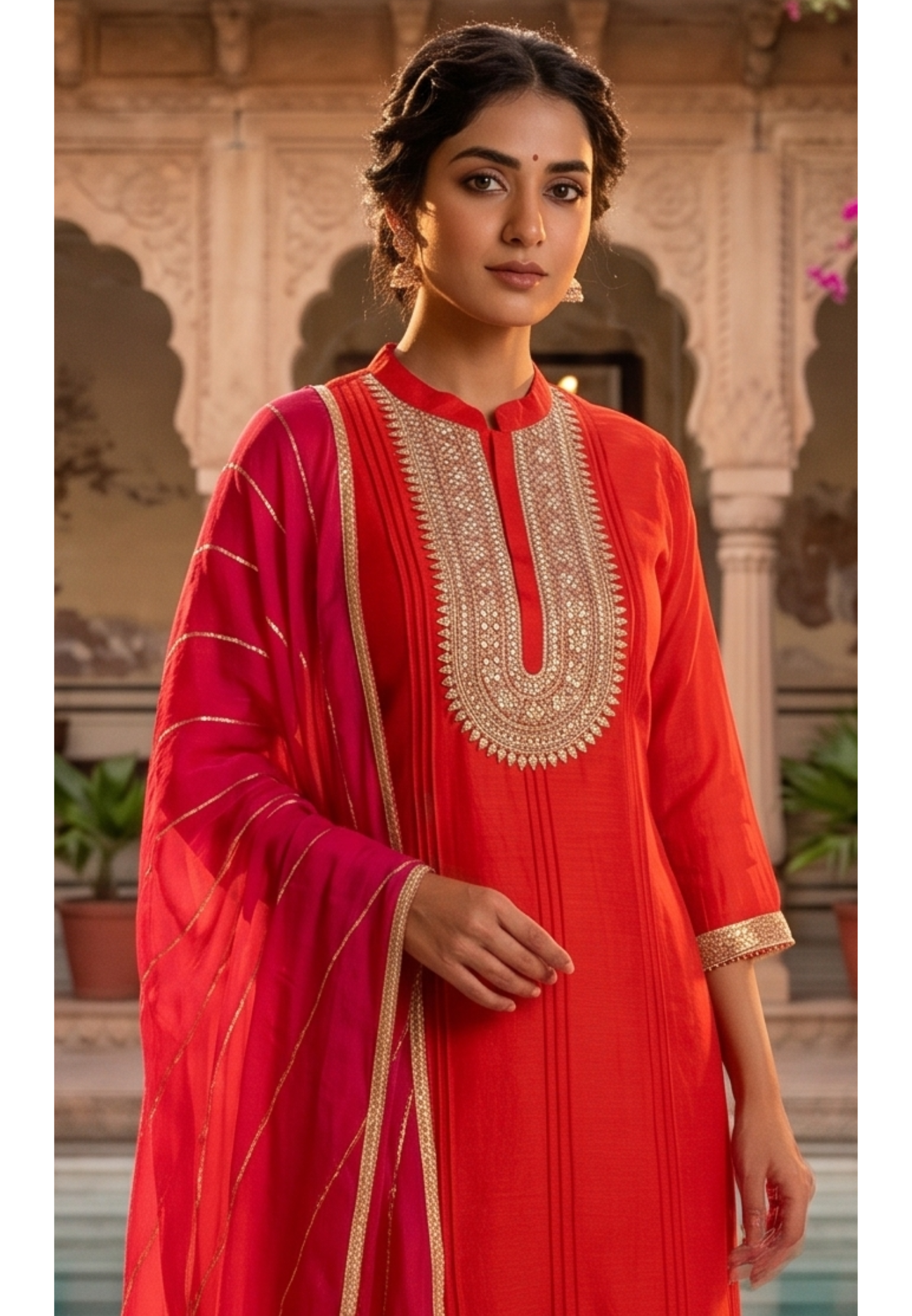 Premium Zardosi Yoke Pure Banarasi Mul Chanderi Panel Tassel Accent Full Suit Set With Dupatta- 13309 RB456