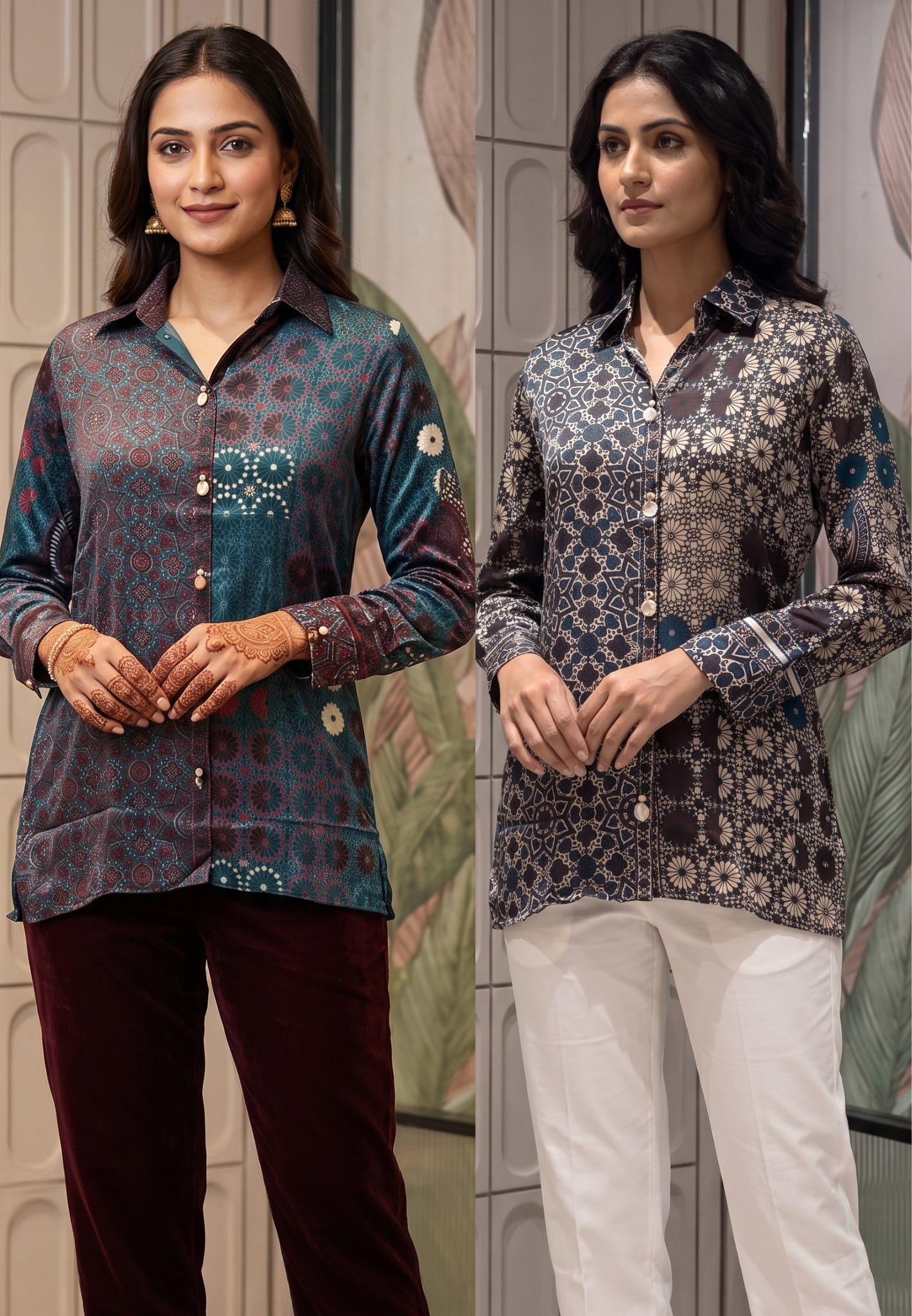 Abstract Gajji Silk-Blend Kaleidoscope Print Button-Down Shirt-14837 RB475