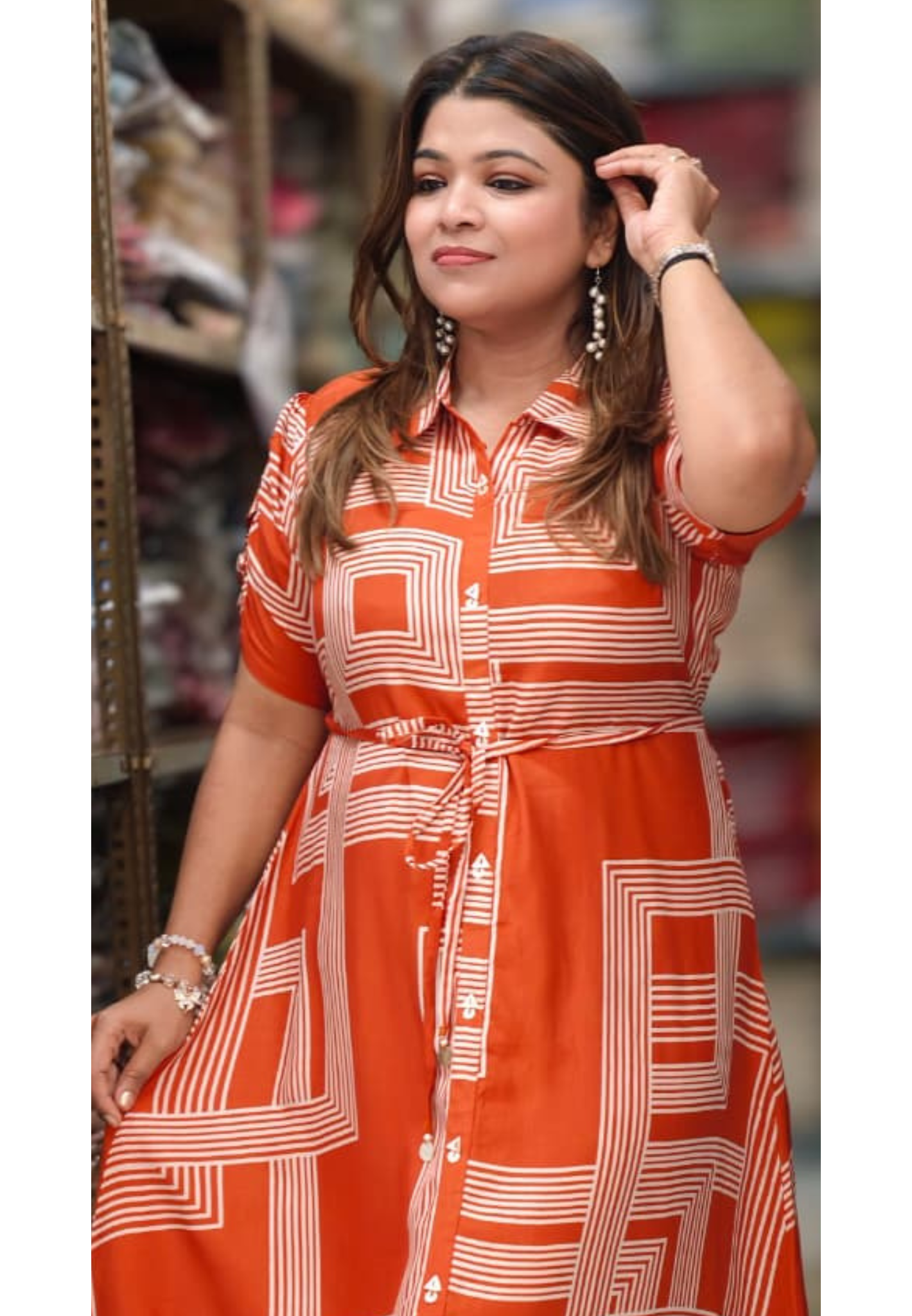 Terracotta Rust and White Geometric Line Print Muslin Midi Dress with Waist Tie- 14686 RB486